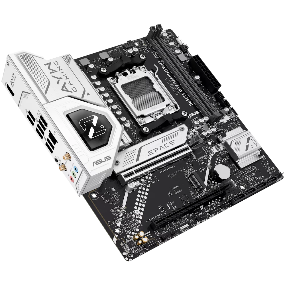 A large main feature product image of ASUS B850M AYW Gaming WiFi AM5 mATX Desktop Motherboard