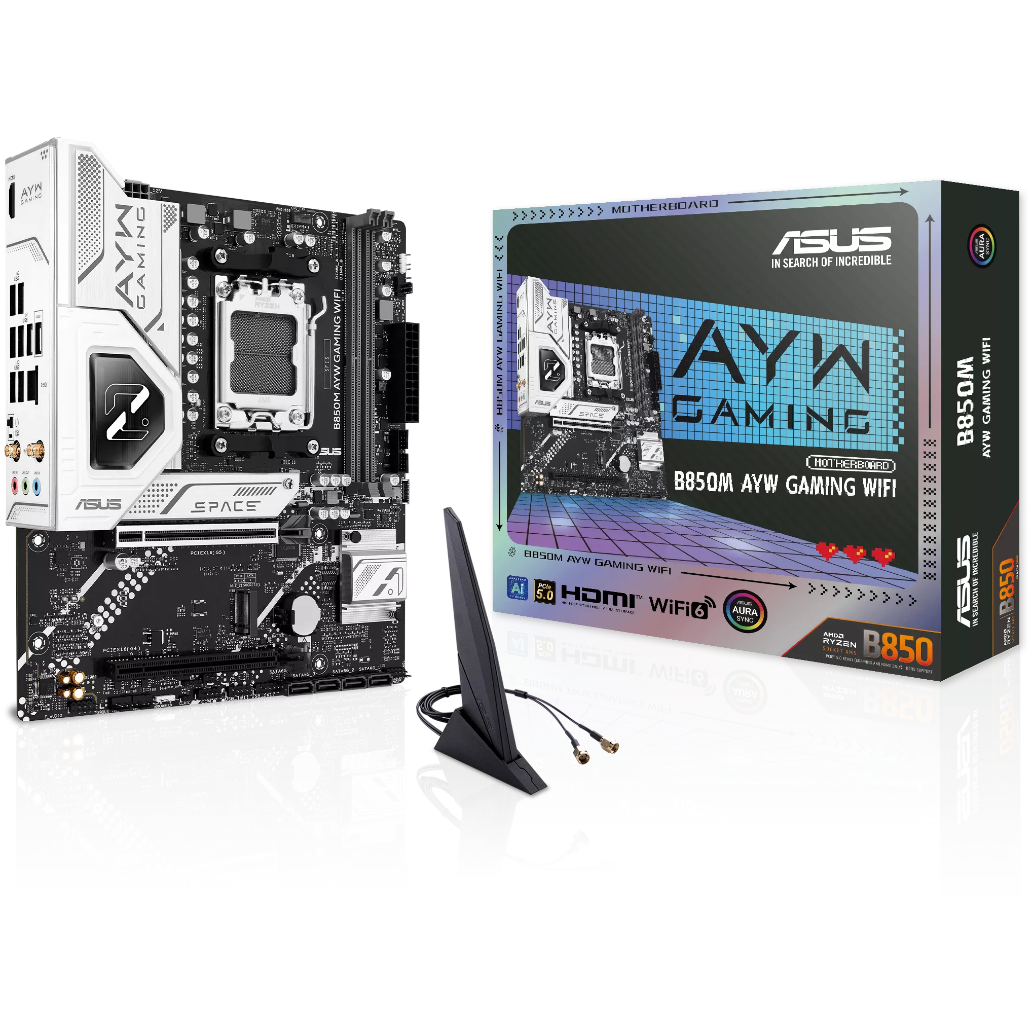 A large main feature product image of ASUS B850M AYW Gaming WiFi AM5 mATX Desktop Motherboard