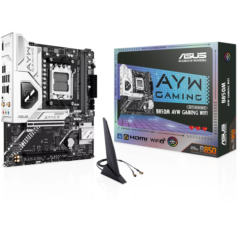 A large main feature product image of ASUS B850M AYW Gaming WiFi AM5 mATX Desktop Motherboard