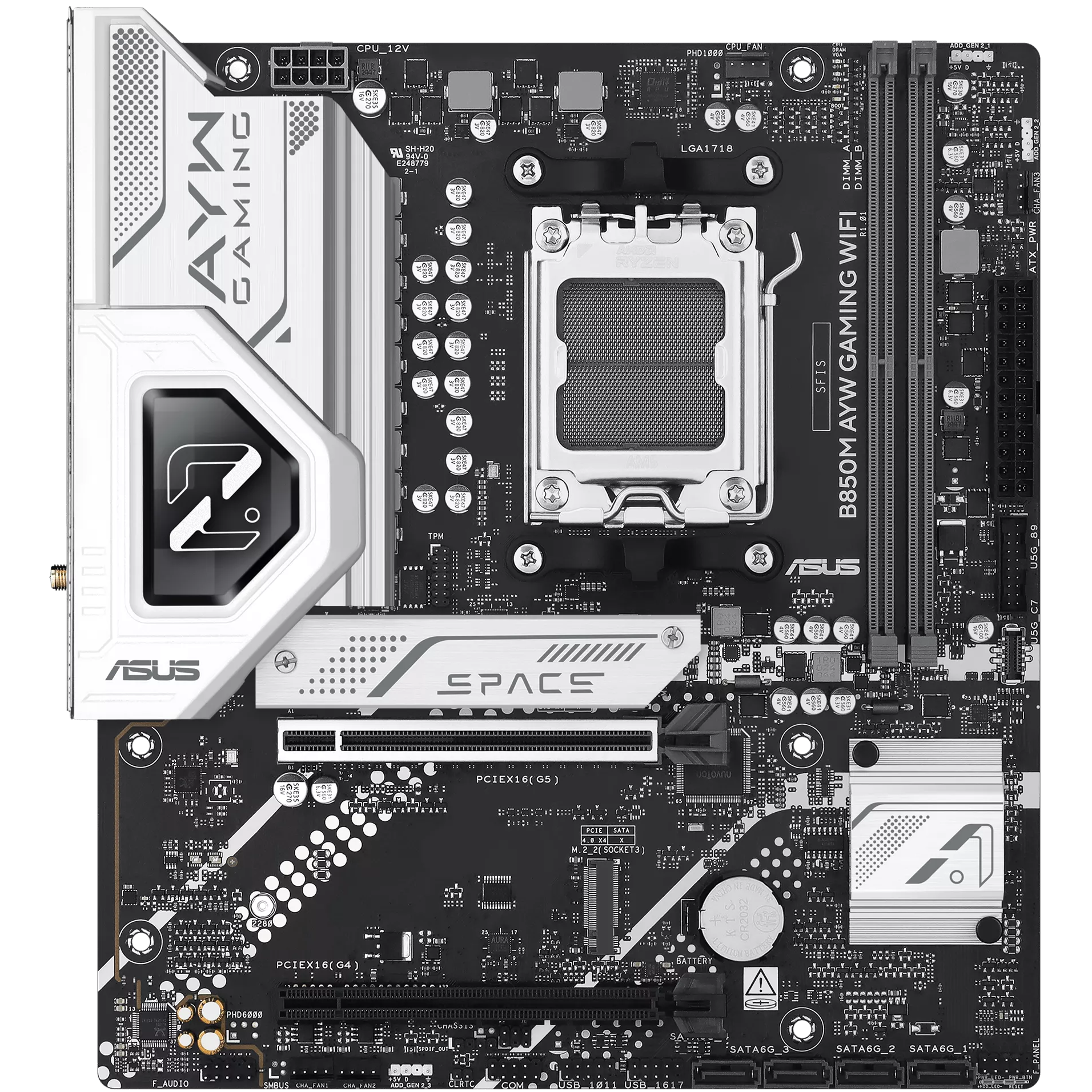 A large main feature product image of ASUS B850M AYW Gaming WiFi AM5 mATX Desktop Motherboard