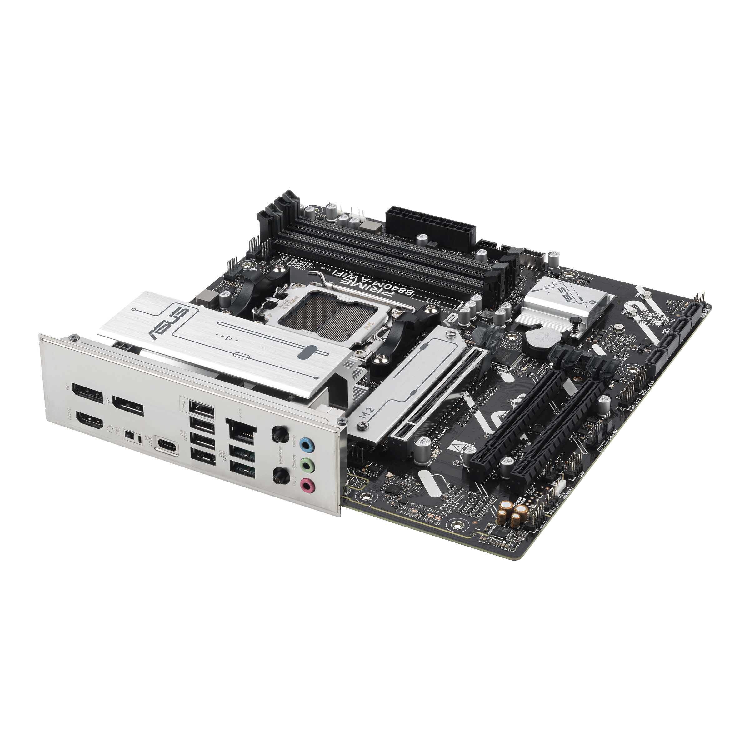 A large main feature product image of EX-DEMO ASUS PRIME B840M-A WiFi CSM AM5 mATX Desktop Motherboard