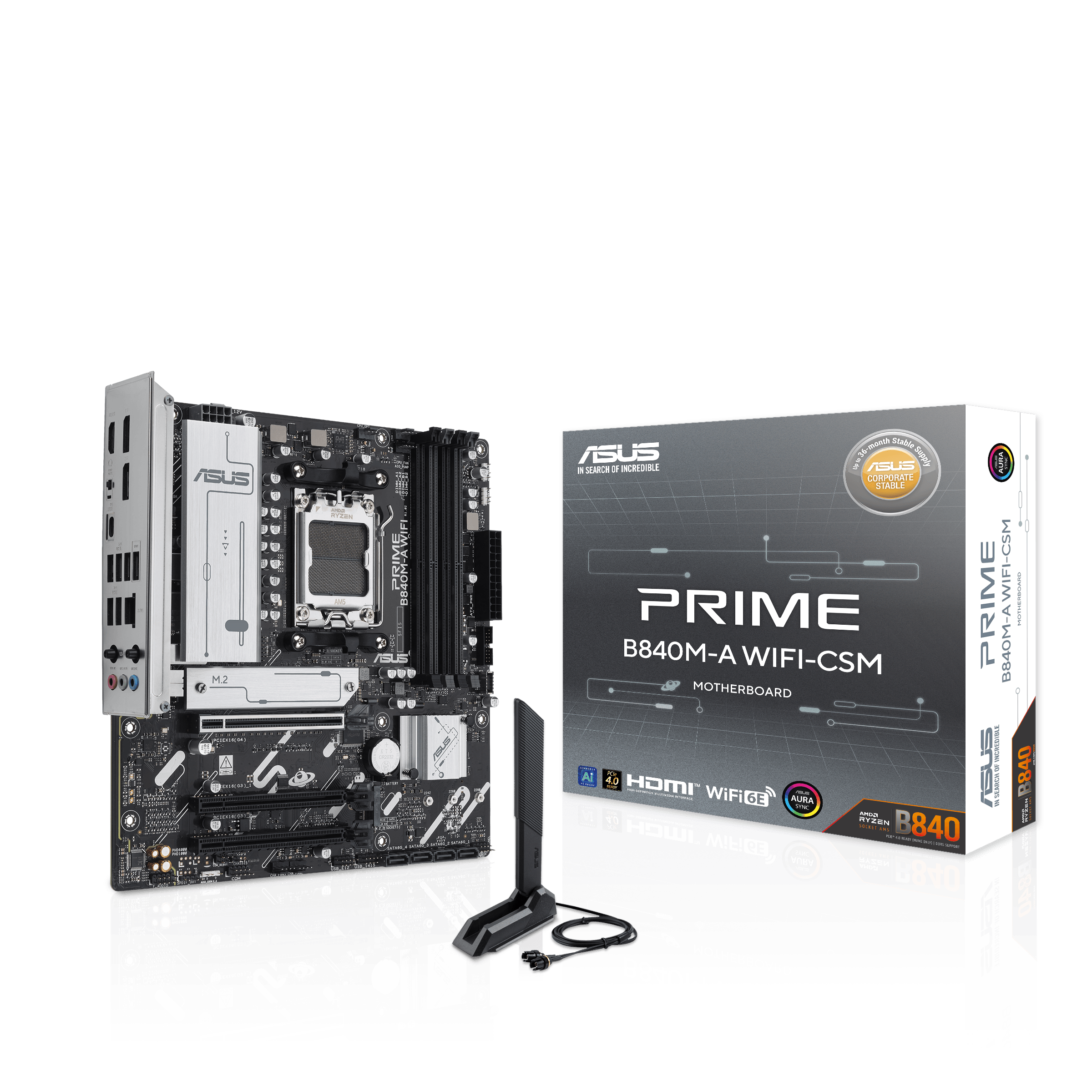 A large main feature product image of EX-DEMO ASUS PRIME B840M-A WiFi CSM AM5 mATX Desktop Motherboard