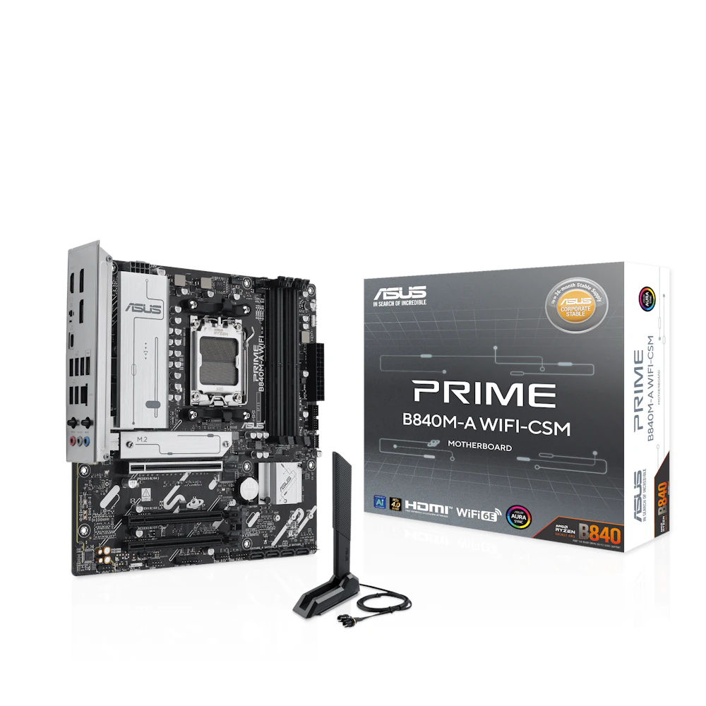 A large main feature product image of EX-DEMO ASUS PRIME B840M-A WiFi CSM AM5 mATX Desktop Motherboard
