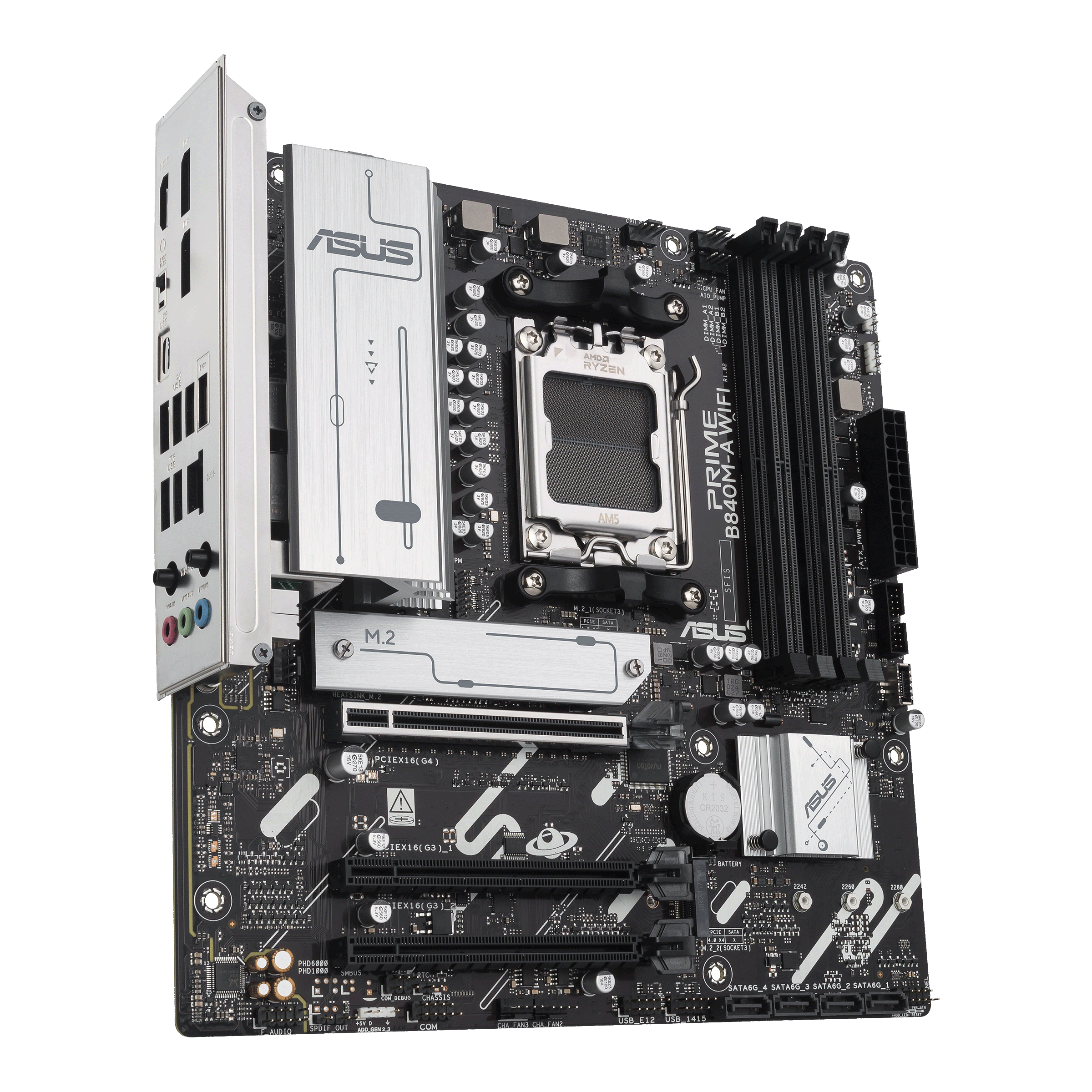 A large main feature product image of EX-DEMO ASUS PRIME B840M-A WiFi CSM AM5 mATX Desktop Motherboard