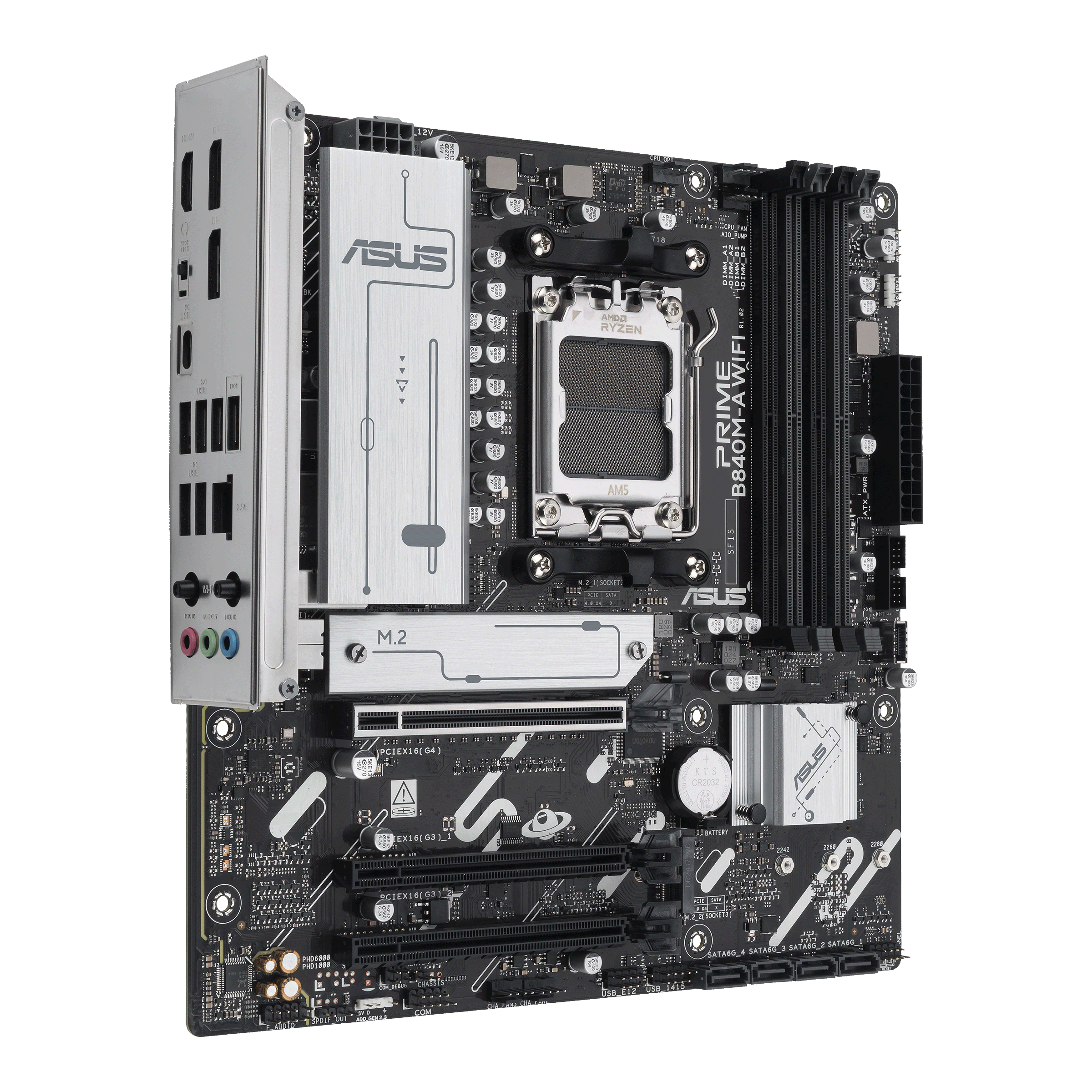 A large main feature product image of EX-DEMO ASUS PRIME B840M-A WiFi CSM AM5 mATX Desktop Motherboard