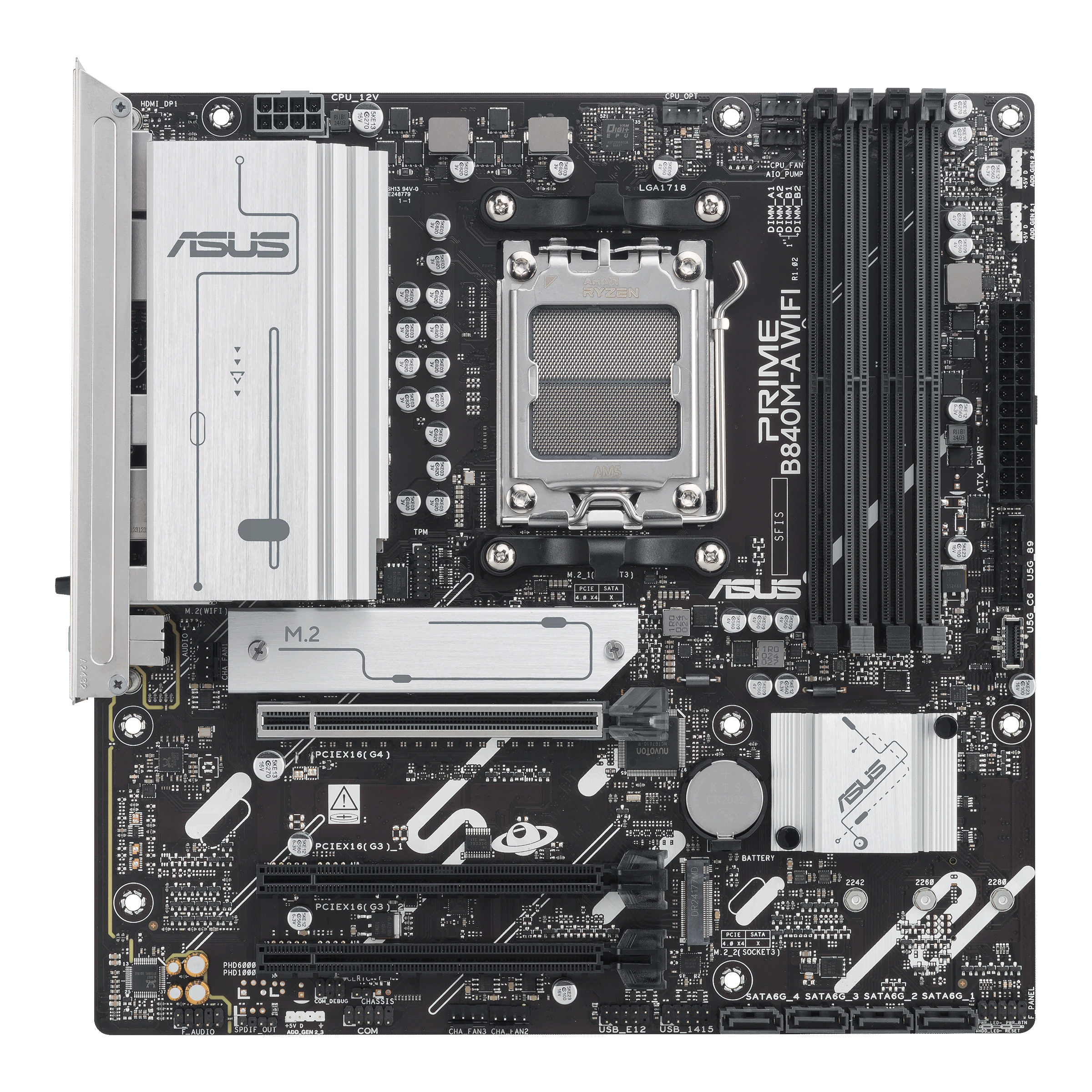 A large main feature product image of EX-DEMO ASUS PRIME B840M-A WiFi CSM AM5 mATX Desktop Motherboard