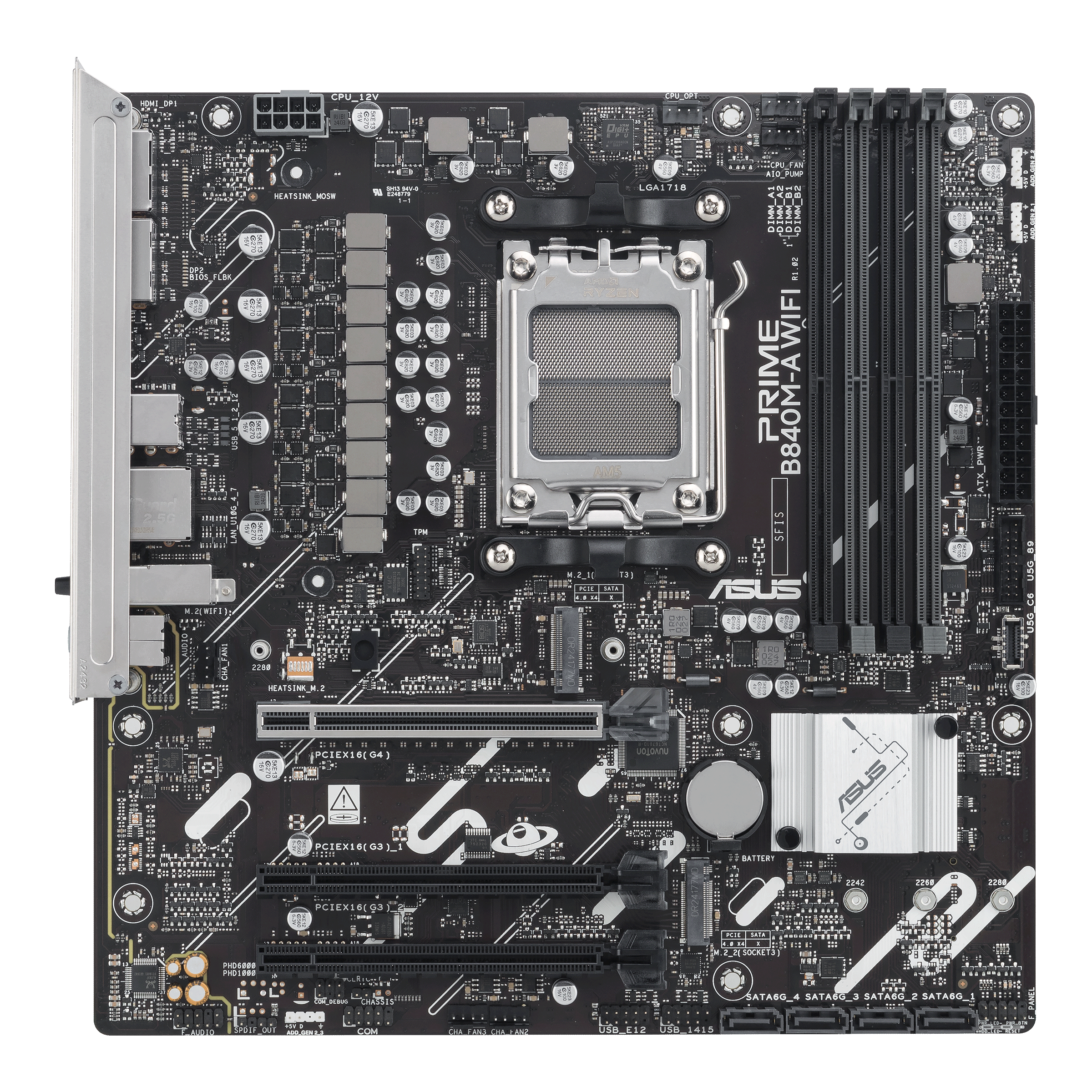 A large main feature product image of EX-DEMO ASUS PRIME B840M-A WiFi CSM AM5 mATX Desktop Motherboard
