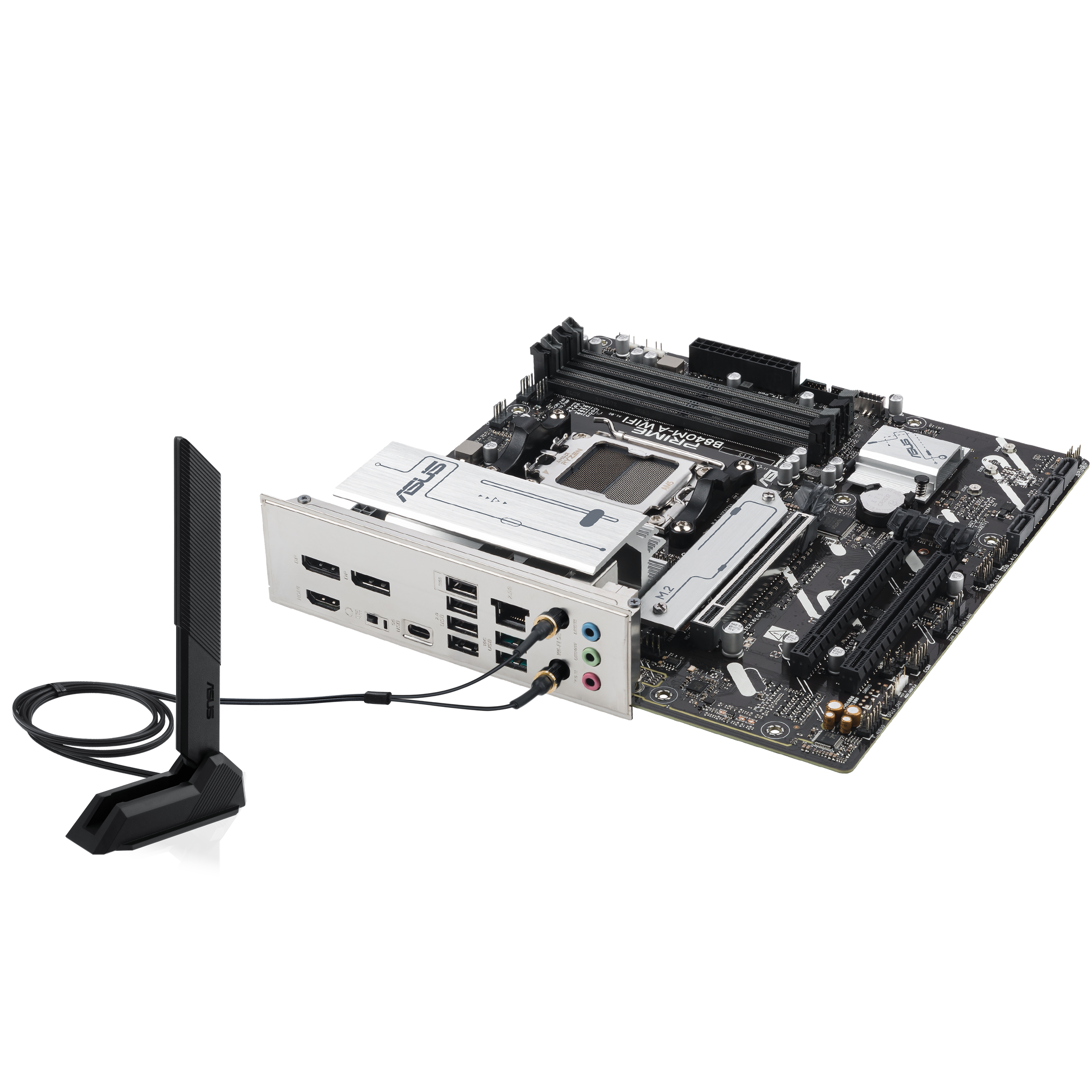 A large main feature product image of EX-DEMO ASUS PRIME B840M-A WiFi CSM AM5 mATX Desktop Motherboard