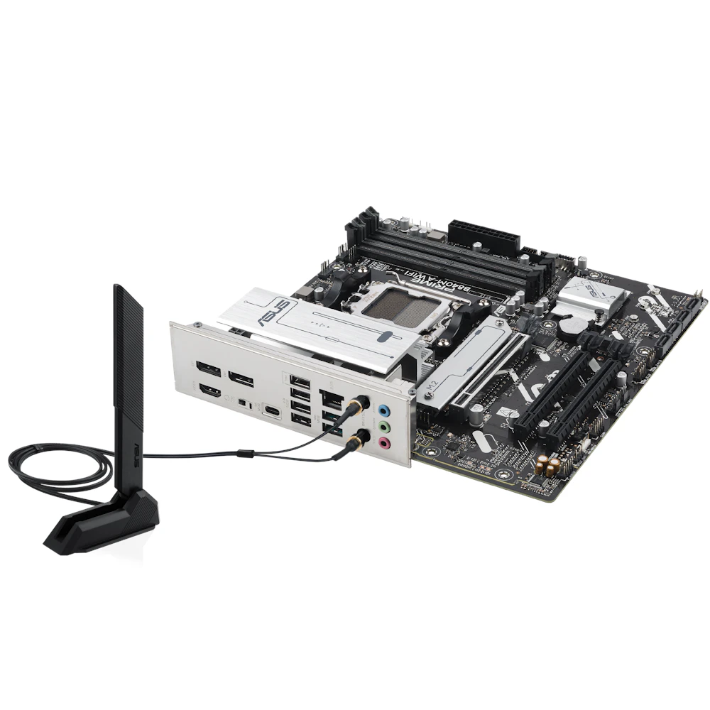 A large main feature product image of EX-DEMO ASUS PRIME B840M-A WiFi CSM AM5 mATX Desktop Motherboard
