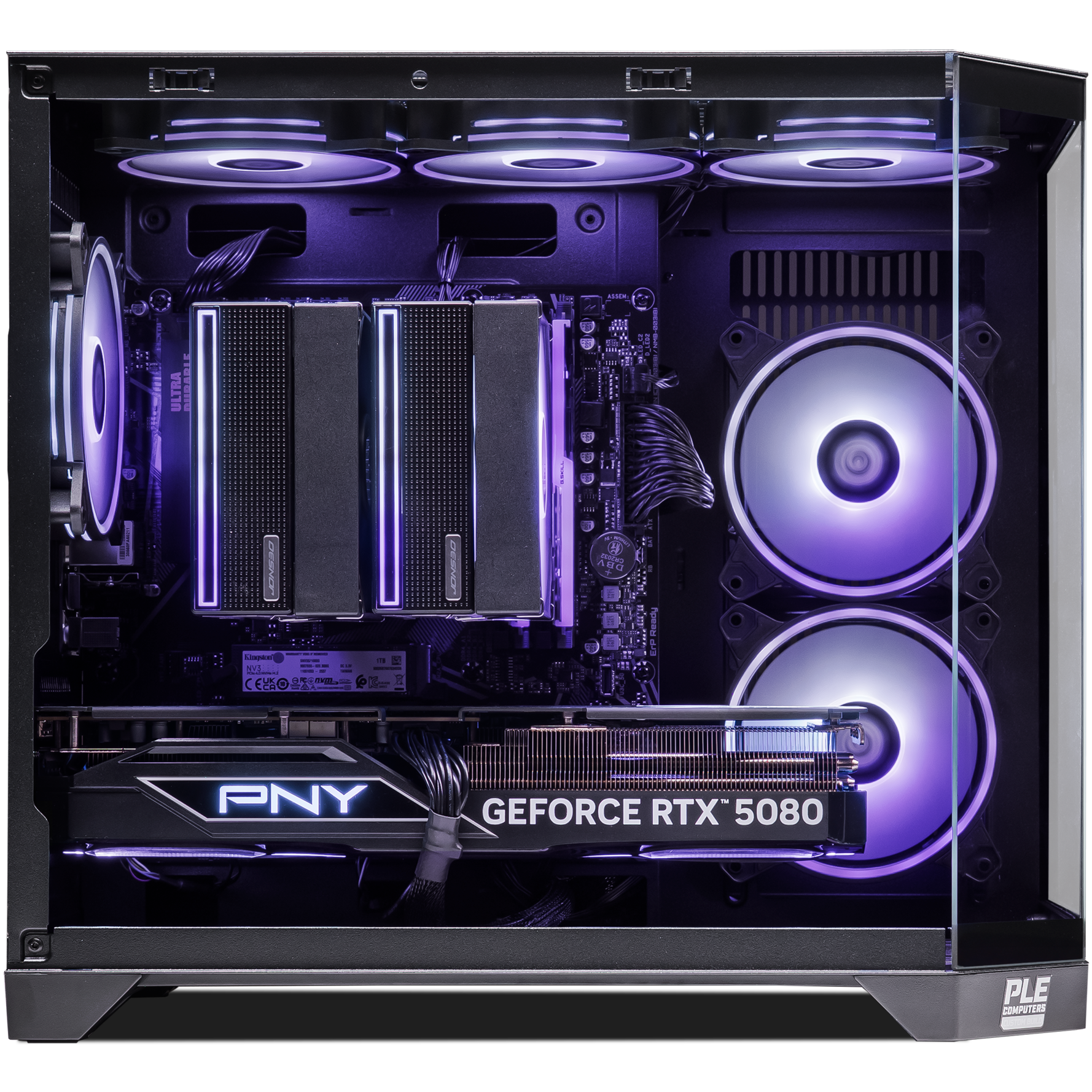 A large main feature product image of PLE Void RTX 5080 Prebuilt Ready To Go Gaming PC