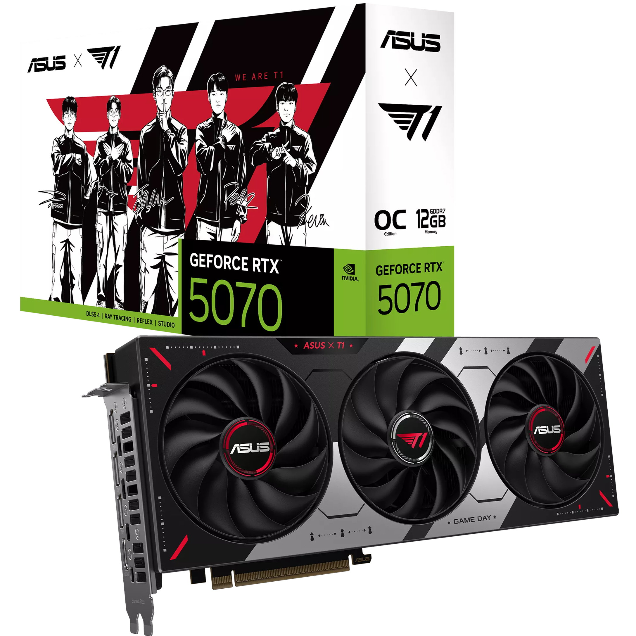 A large main feature product image of ASUS GeForce RTX 5070 OC 12GB GDDR7 - T1 Edition