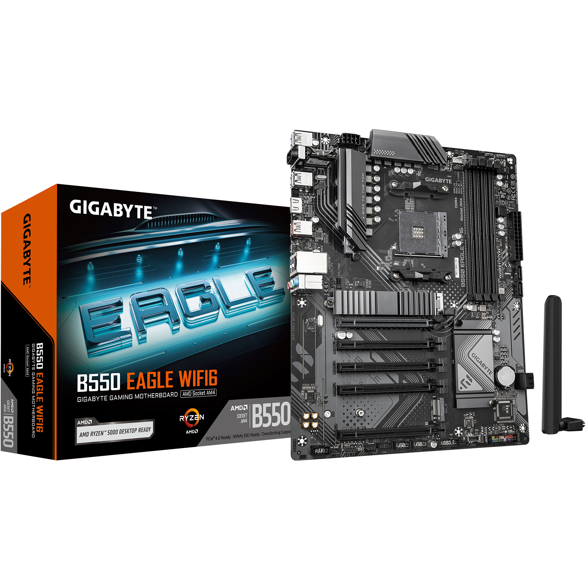 A large main feature product image of Gigabyte B550 EAGLE WIFI6 AM4 ATX Desktop Motherboard