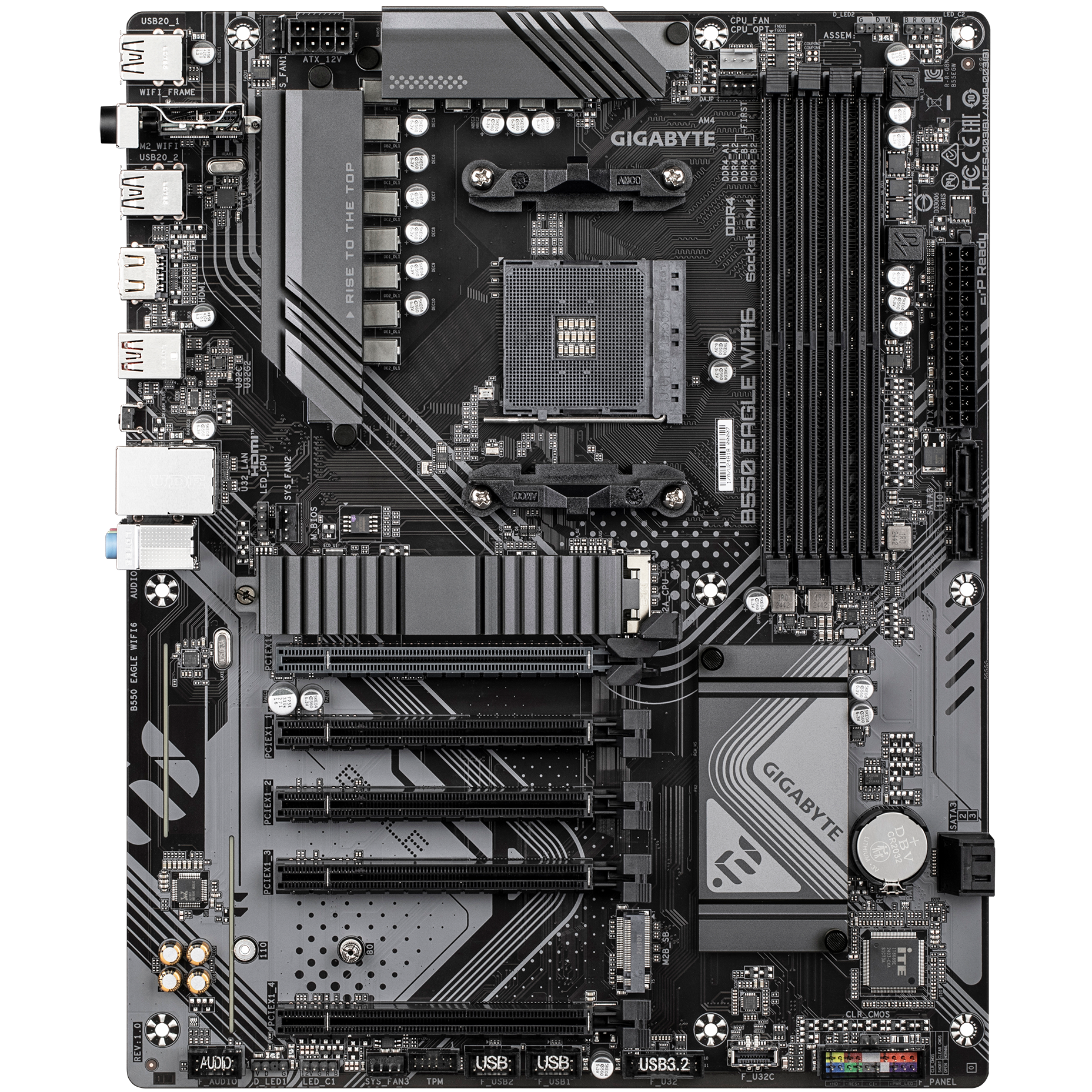 A large main feature product image of Gigabyte B550 EAGLE WIFI6 AM4 ATX Desktop Motherboard