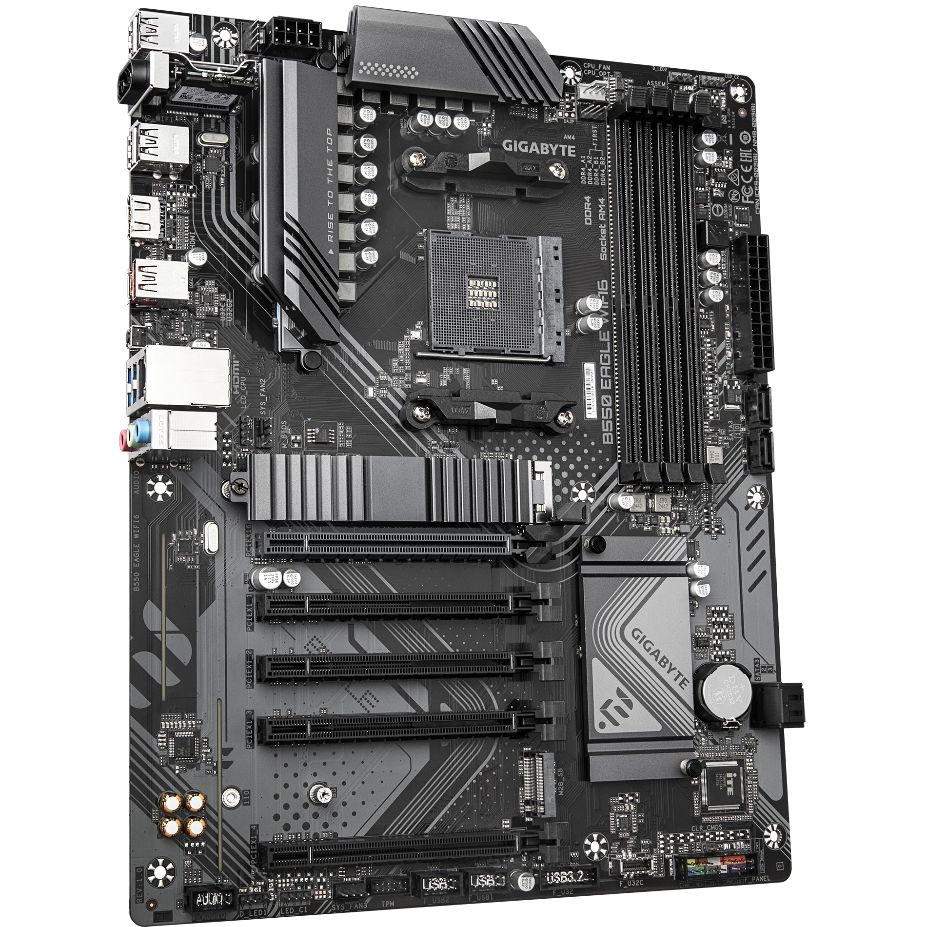 A large main feature product image of Gigabyte B550 EAGLE WIFI6 AM4 ATX Desktop Motherboard