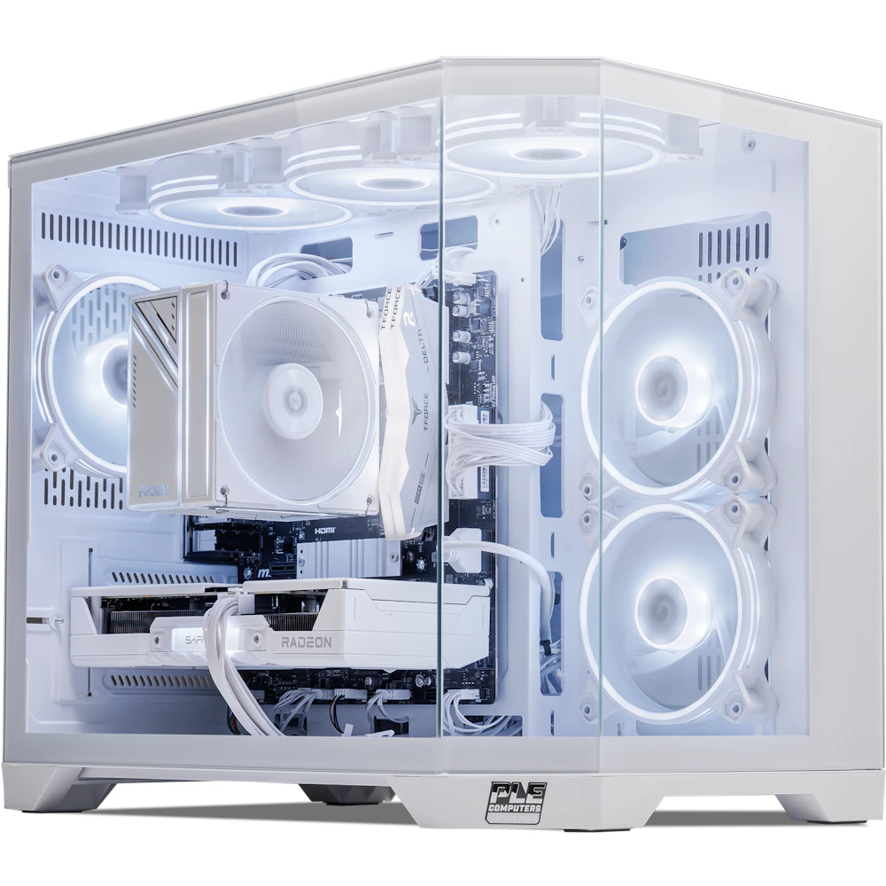 A large main feature product image of PLE Polar RX 9060 XT Prebuilt Ready To Go Gaming PC