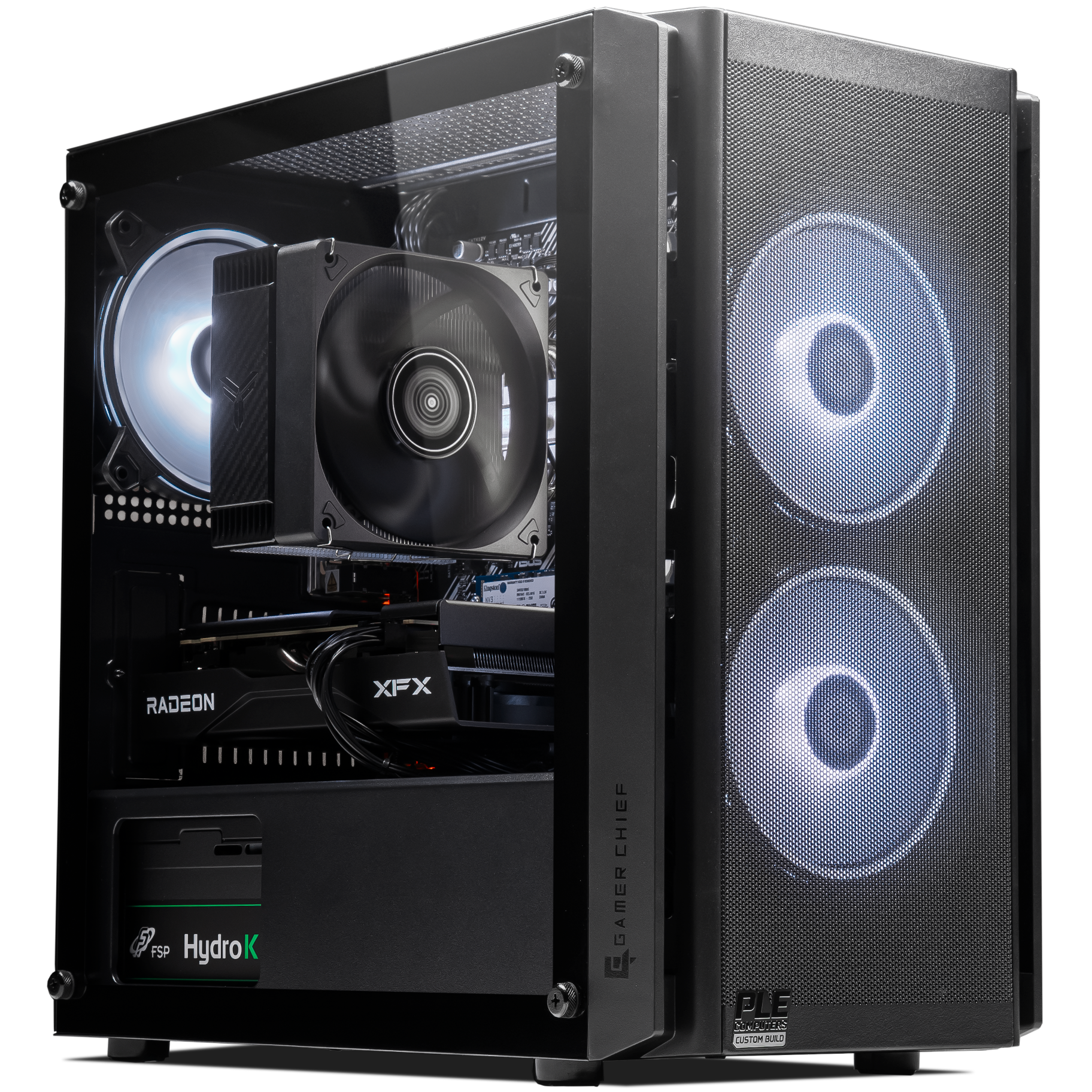 A large main feature product image of PLE Edge RX 9060 Prebuilt Ready To Go Gaming PC