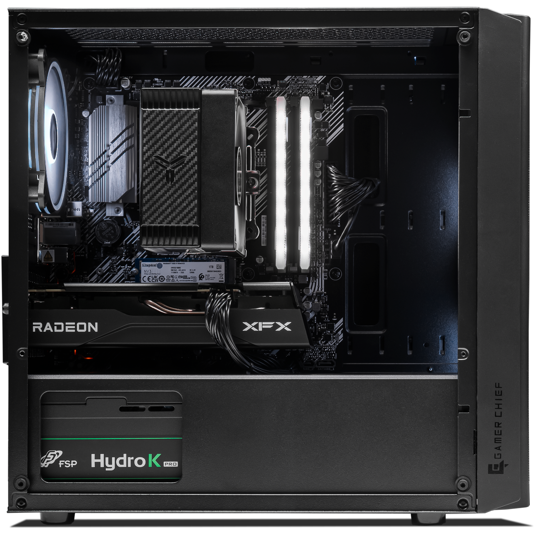 A large main feature product image of PLE Edge RX 9060 Prebuilt Ready To Go Gaming PC