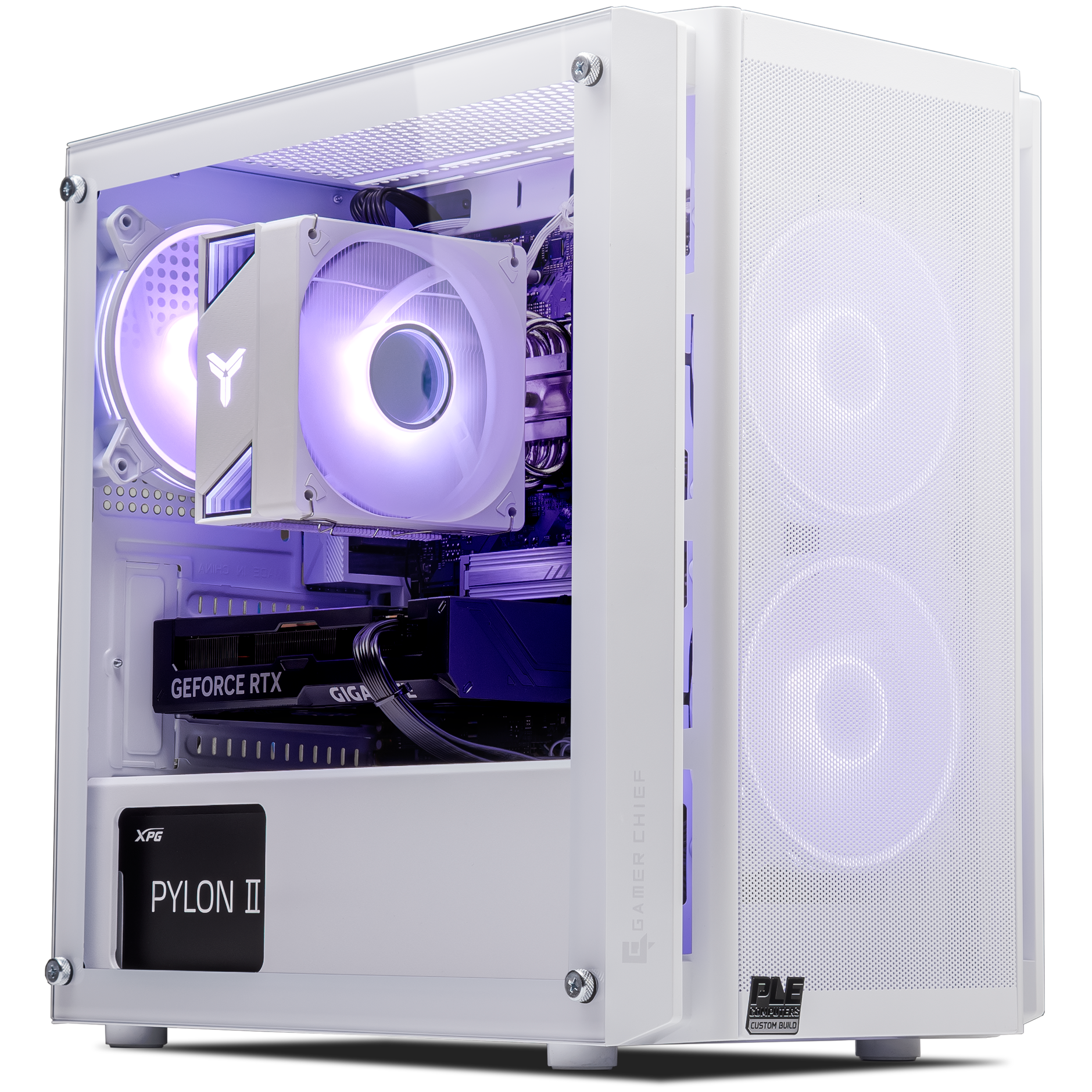 A large main feature product image of PLE Snow RTX 5050 Prebuilt Ready To Go Gaming PC