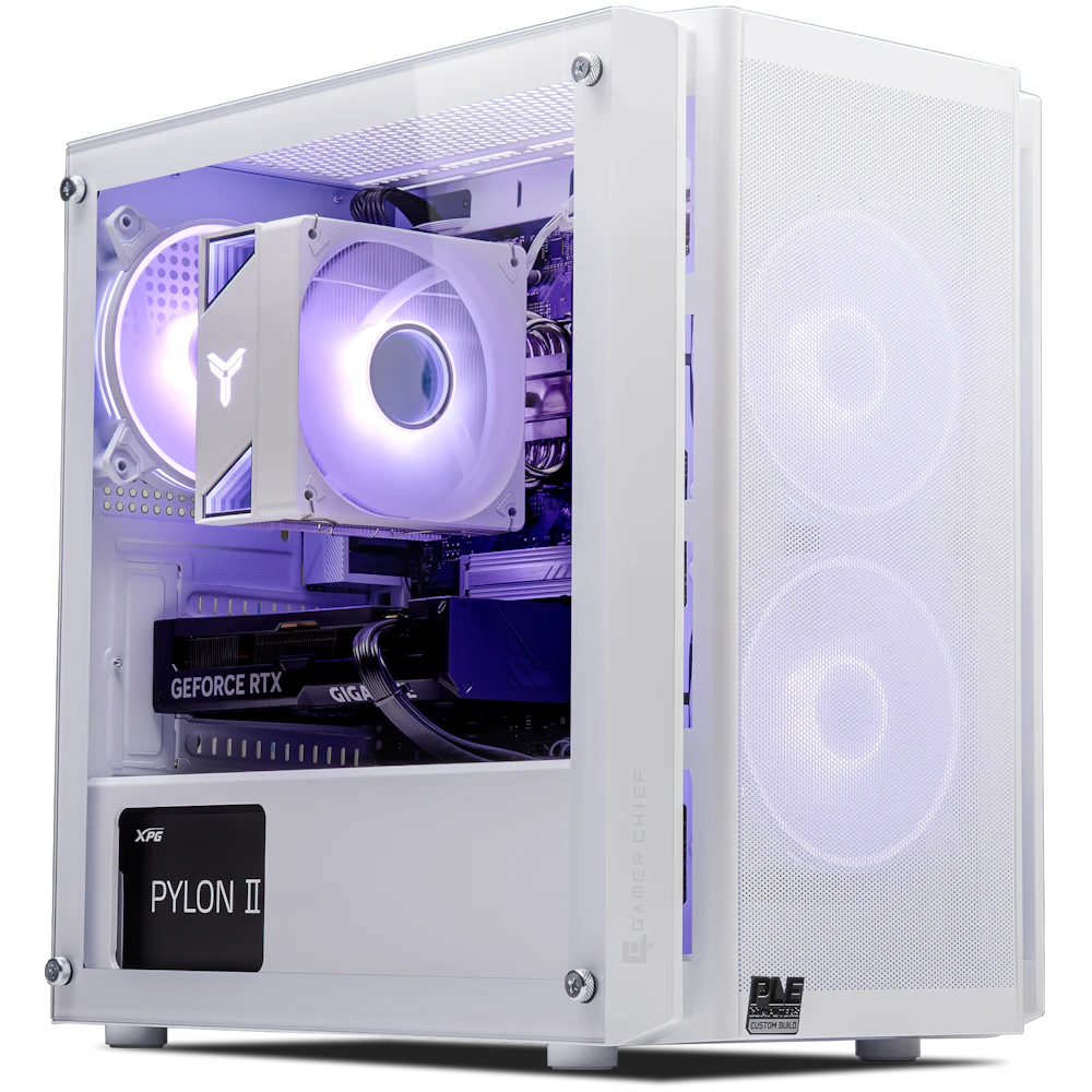 A large main feature product image of PLE Snow RTX 5050 Prebuilt Ready To Go Gaming PC