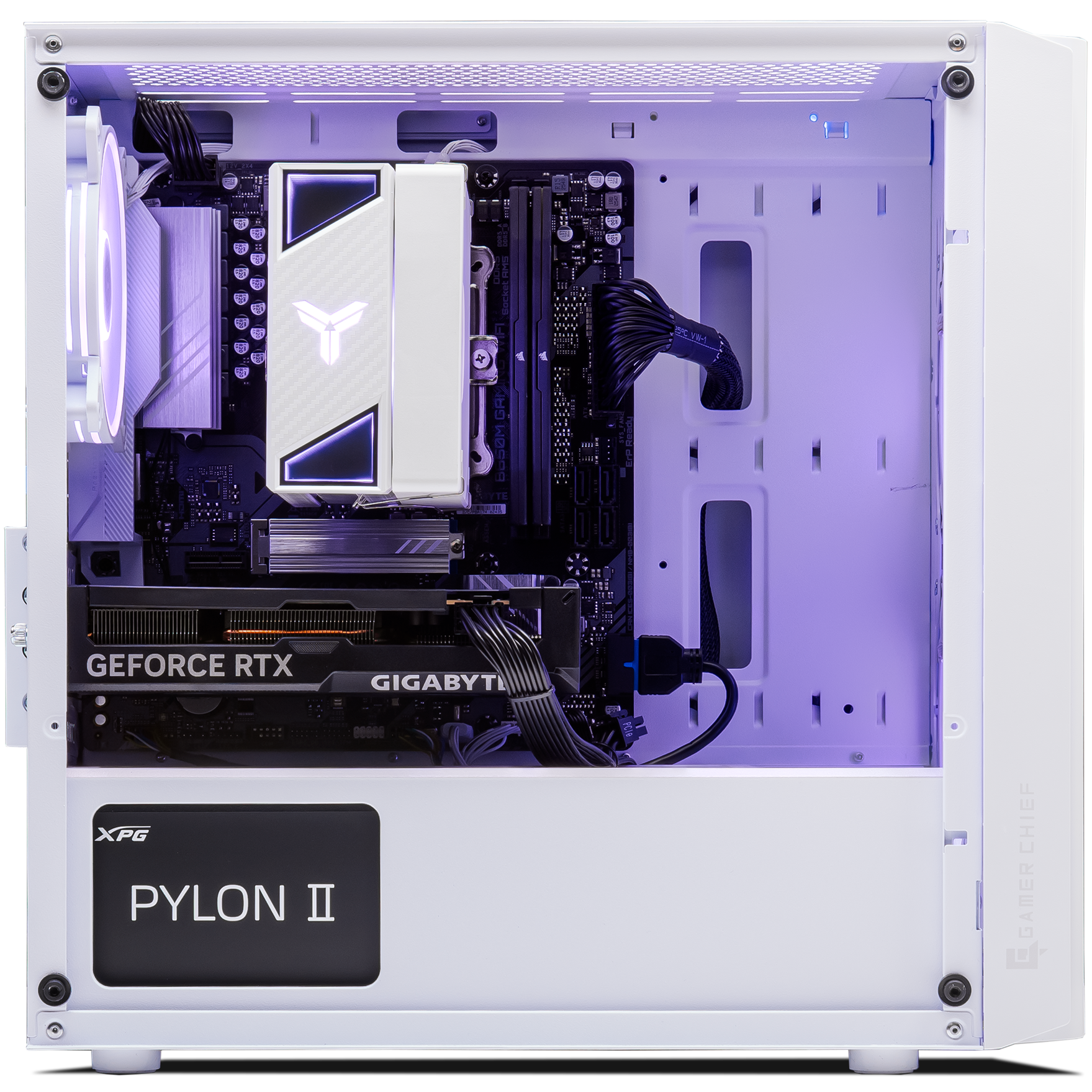 A large main feature product image of PLE Snow RTX 5050 Prebuilt Ready To Go Gaming PC