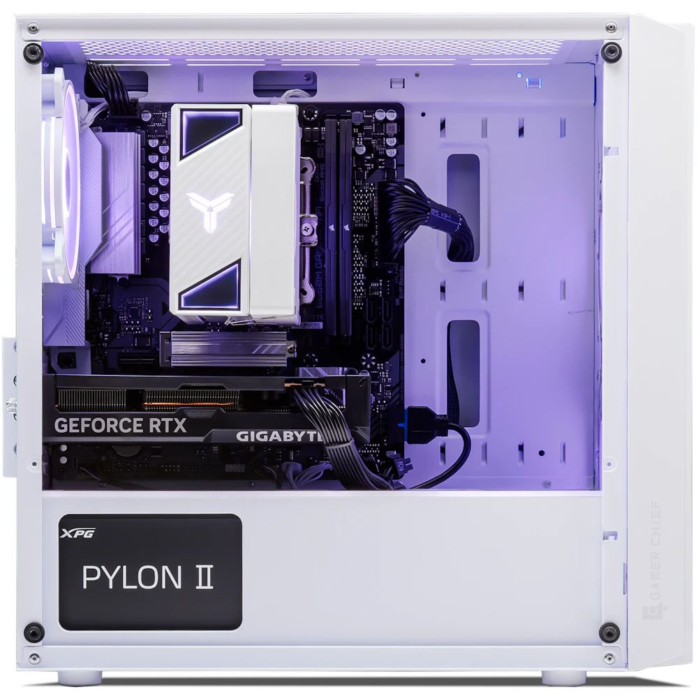 A large main feature product image of PLE Snow RTX 5050 Prebuilt Ready To Go Gaming PC