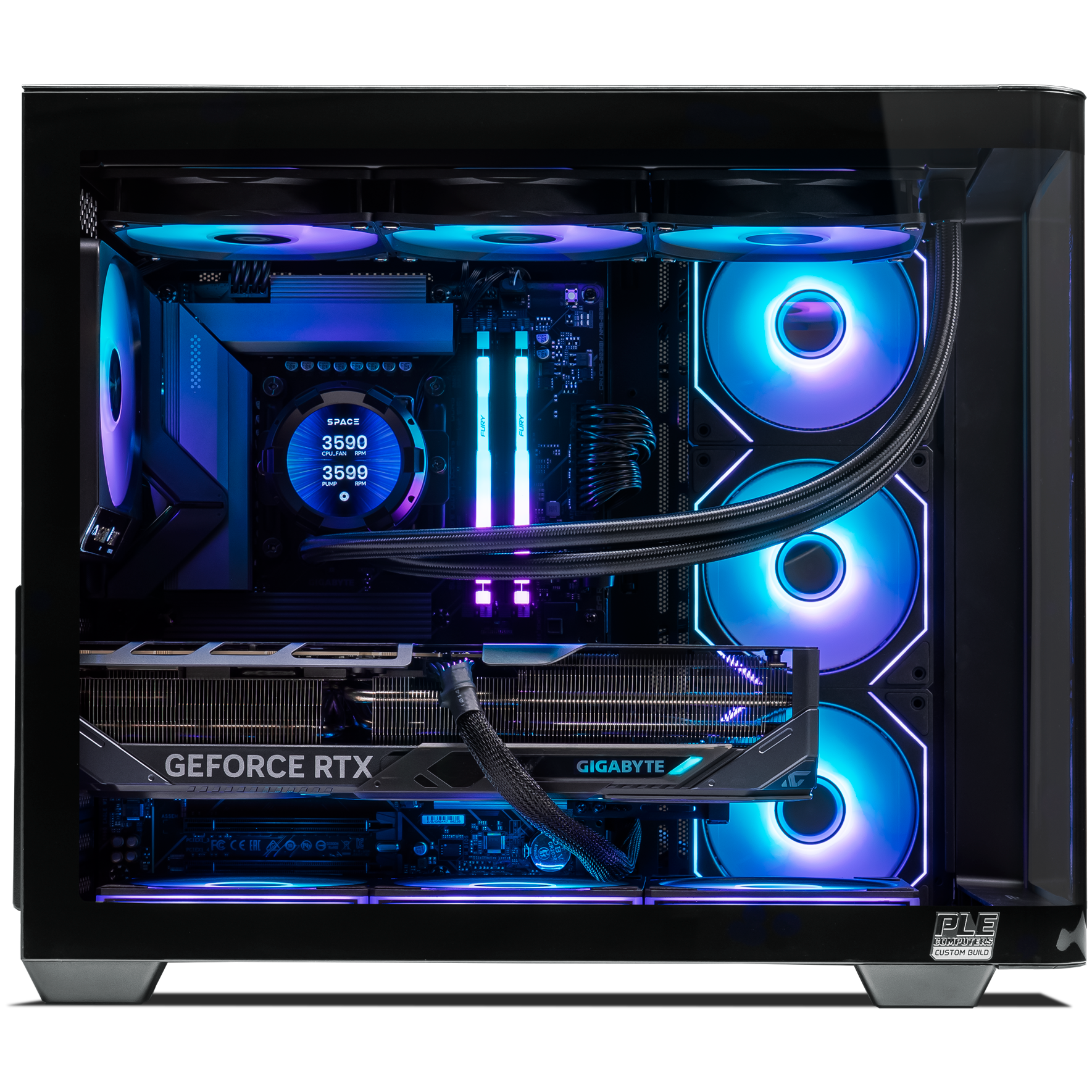 A large main feature product image of PLE Celestial RTX 5080 Prebuilt Ready To Go Gaming PC