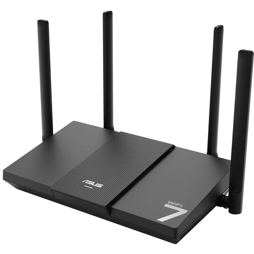 A large main feature product image of ASUS RT-BE50 Dual Band Wi-Fi 7 Router
