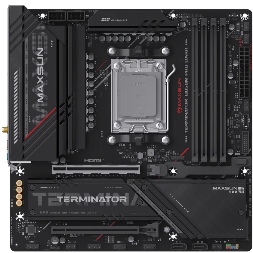 A large main feature product image of MAXSUN MS-Terminator-B850M-DARK-WIFI AM5 mATX Desktop Motherboard