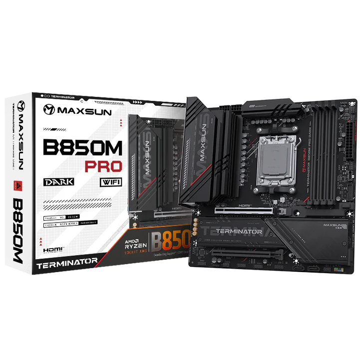 A large main feature product image of MAXSUN MS-Terminator-B850M-DARK-WIFI AM5 mATX Desktop Motherboard