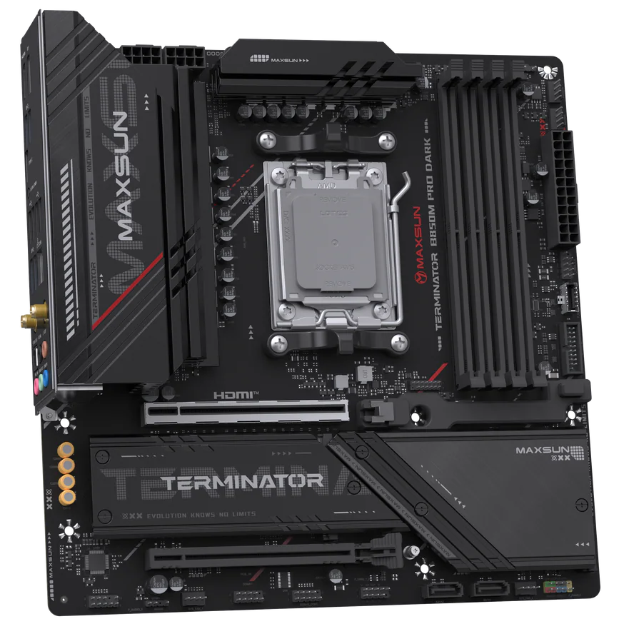 A large main feature product image of MAXSUN MS-Terminator-B850M-DARK-WIFI AM5 mATX Desktop Motherboard