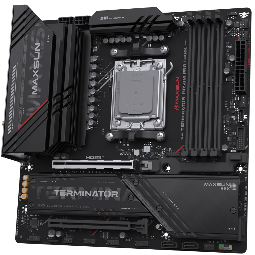 A large main feature product image of MAXSUN MS-Terminator-B850M-DARK-WIFI AM5 mATX Desktop Motherboard