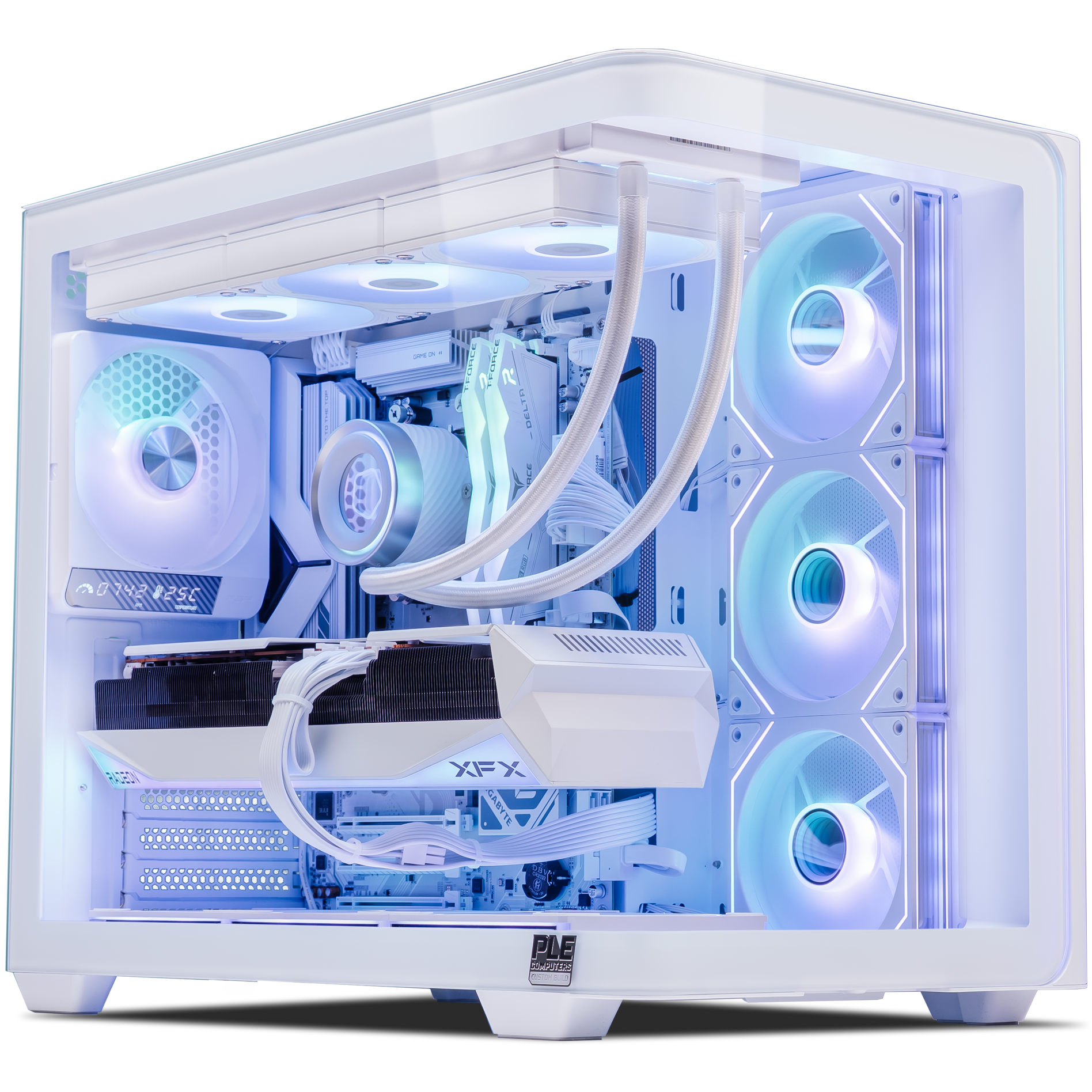 A large main feature product image of PLE Aurora RX 9070 XT Prebuilt Ready To Go Gaming PC