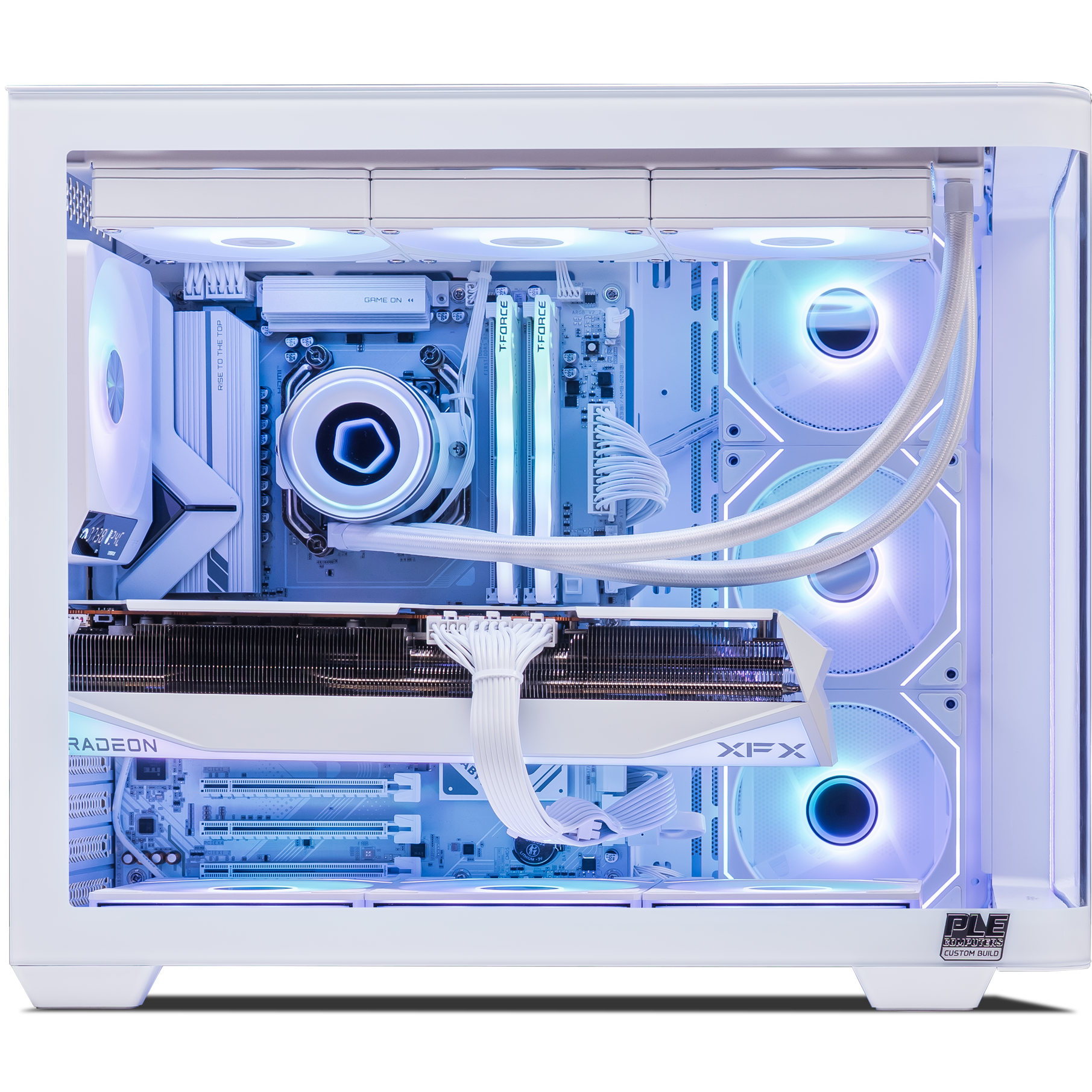 A large main feature product image of PLE Aurora RX 9070 XT Prebuilt Ready To Go Gaming PC