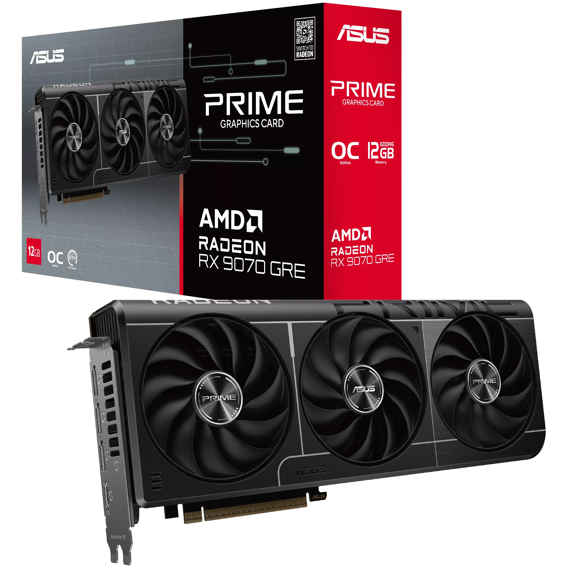 A large main feature product image of ASUS Radeon RX 9070 GRE EVO OC 12GB GDDR6