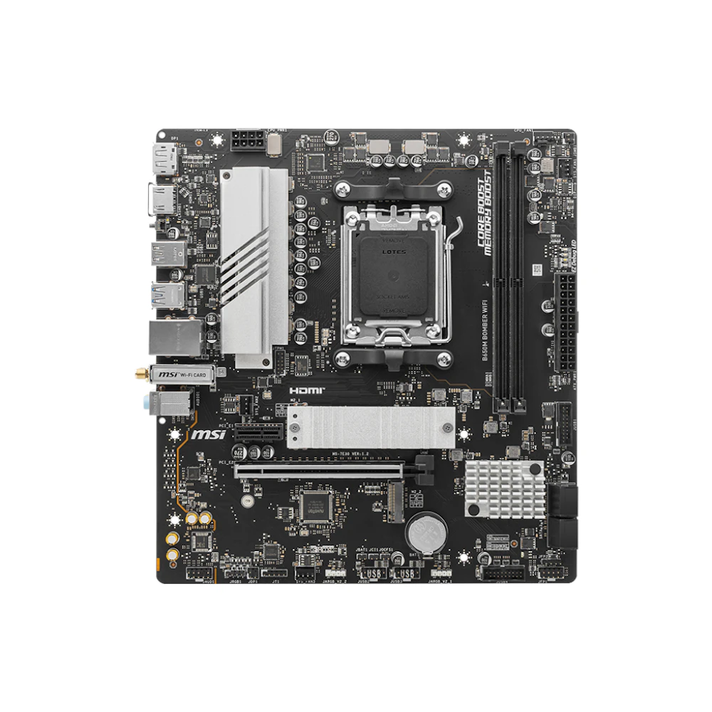 A large main feature product image of EX-DEMO MSI B650M Bomber WiFi AM5 mATX Desktop Motherboard