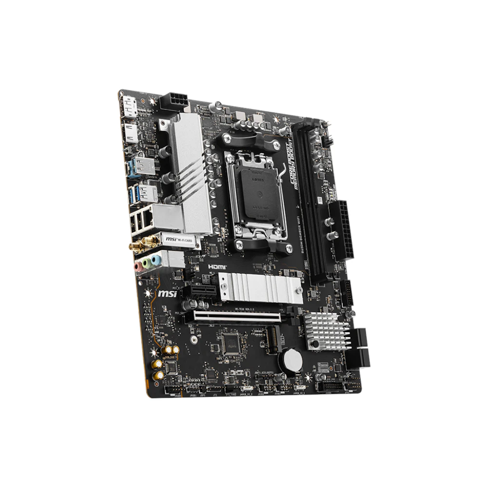 A large main feature product image of EX-DEMO MSI B650M Bomber WiFi AM5 mATX Desktop Motherboard