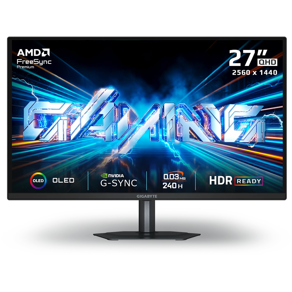 A large main feature product image of Gigabyte GO27Q24A QD-OLED - 27" 1440p 240Hz 0.03ms Gaming Monitor