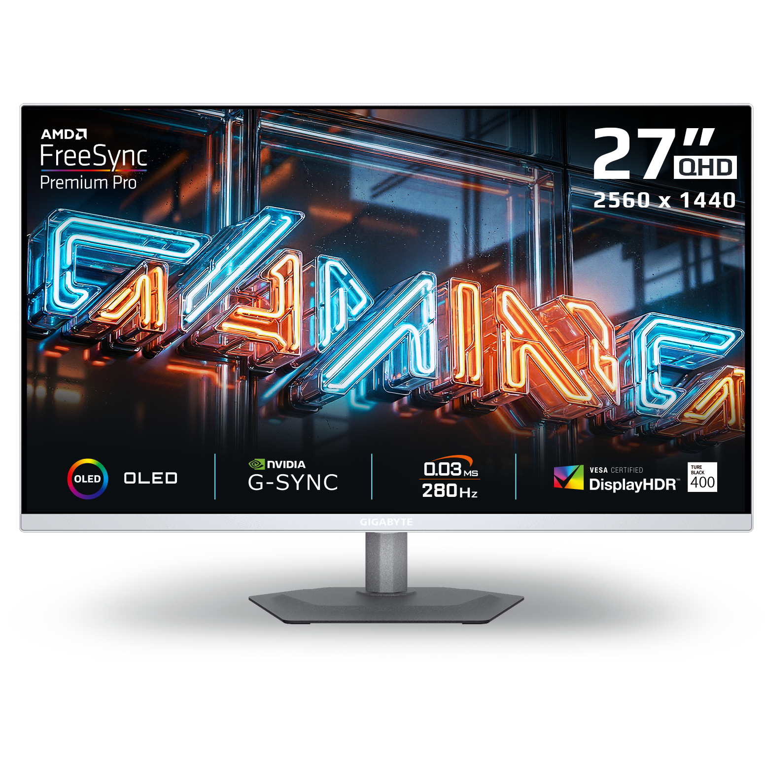 A large main feature product image of Gigabyte MO27Q2A ICE QD-OLED - 27" 1440p 280Hz 0.03ms Gaming Monitor