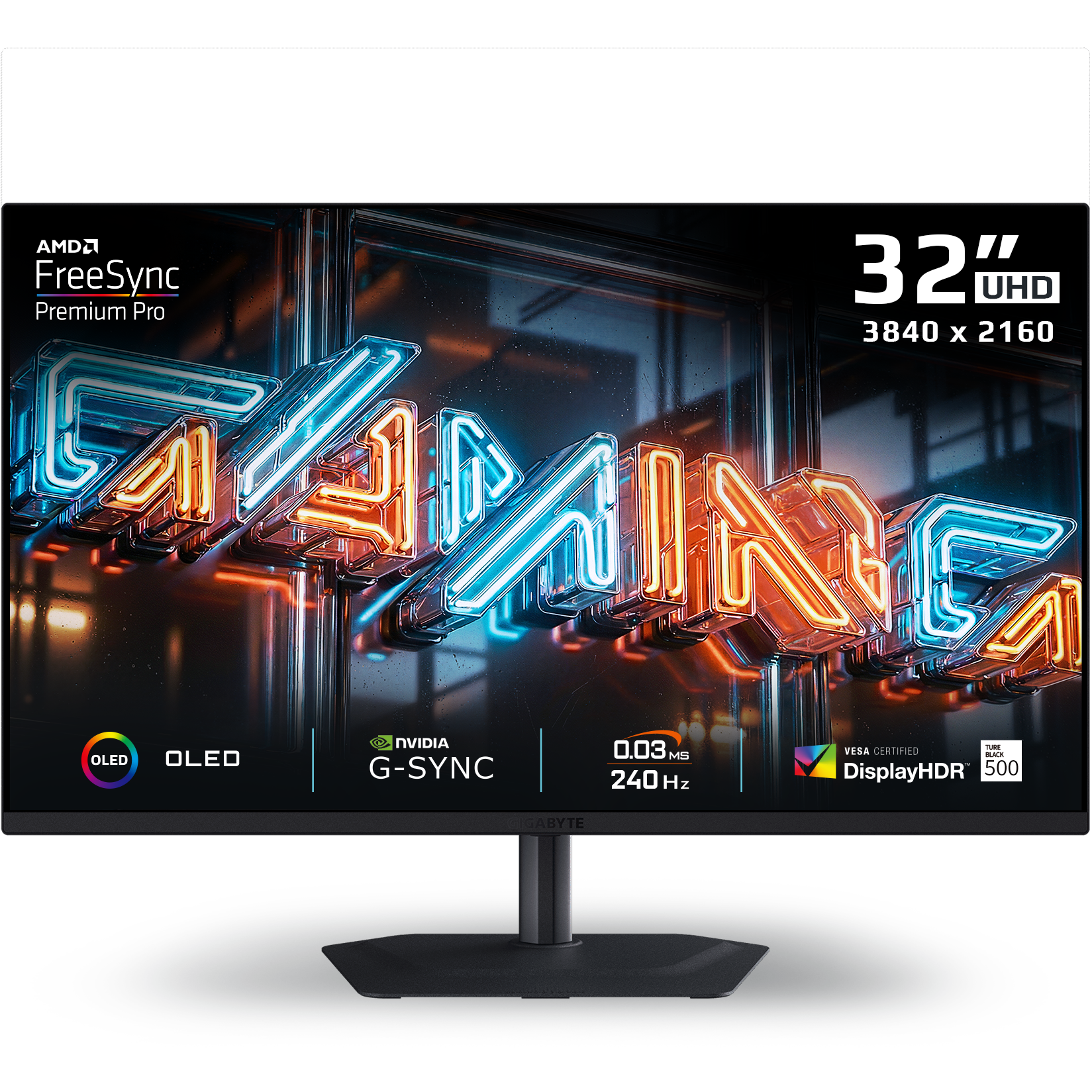 A large main feature product image of Gigabyte MO32U24 OLED - 32" 4K 2160p 240Hz 0.03ms Gaming Monitor