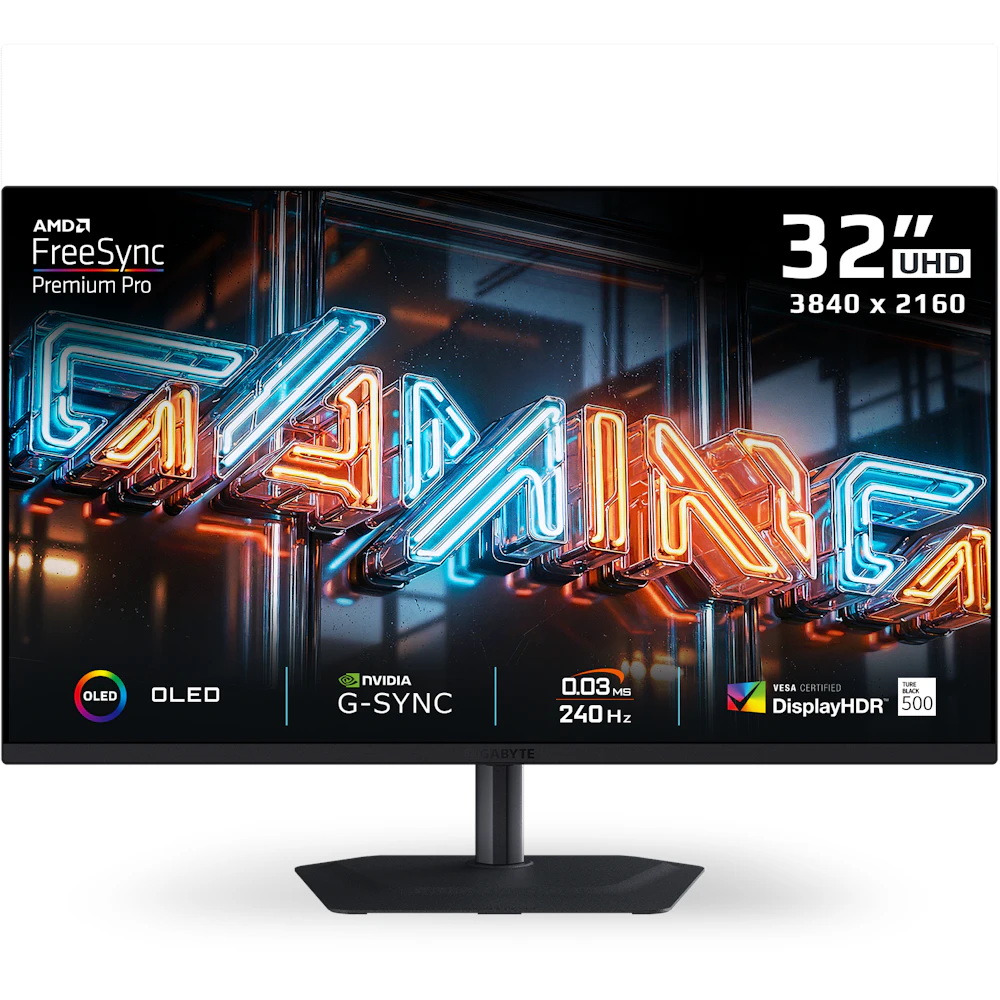 A large main feature product image of Gigabyte MO32U24 OLED - 32" 4K 2160p 240Hz 0.03ms Gaming Monitor