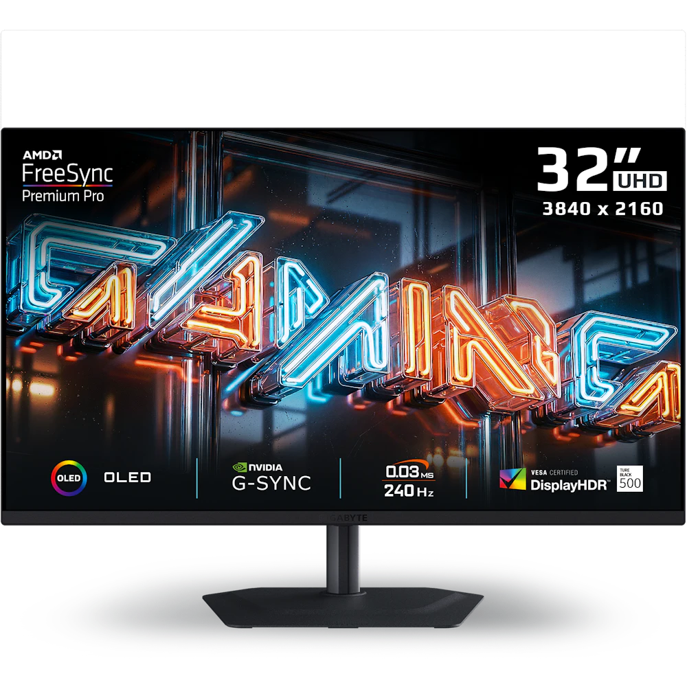 A large main feature product image of Gigabyte MO32U24 OLED - 32" 4K 2160p 240Hz 0.03ms Gaming Monitor