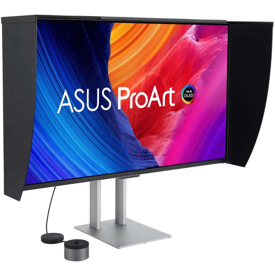 A large main feature product image of ASUS ProArt QD-OLED PA32UCDMR-K -31.5" 4K 2160p 240Hz 0.1ms Professional Monitor w/ Monitor Hood & MCA02 Colorimeter