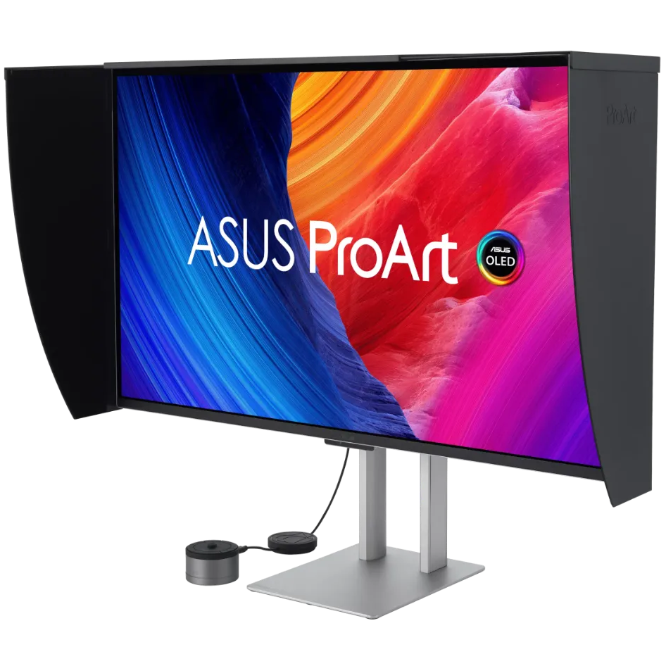 A large main feature product image of ASUS ProArt QD-OLED PA32UCDMR-K -31.5" 4K 2160p 240Hz 0.1ms Professional Monitor w/ Monitor Hood & MCA02 Colorimeter