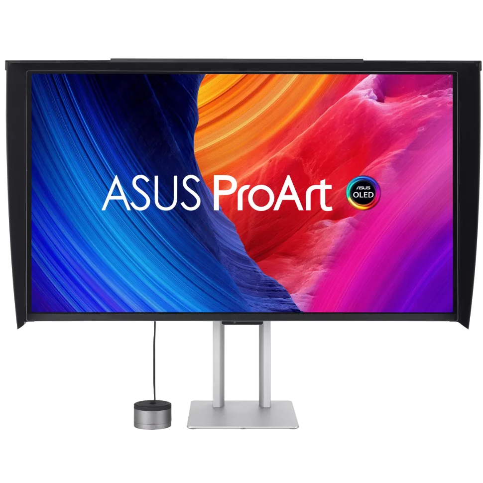A large main feature product image of ASUS ProArt QD-OLED PA32UCDMR-K -31.5" 4K 2160p 240Hz 0.1ms Professional Monitor w/ Monitor Hood & MCA02 Colorimeter