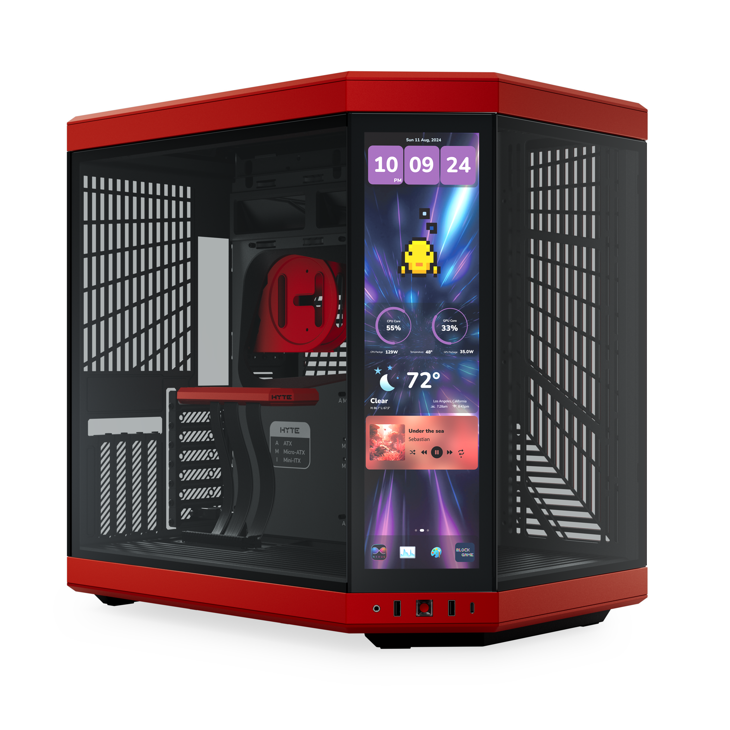 A large main feature product image of EX-DEMO HYTE Y70 Touch Infinite Mid Tower Case w/ LCD (Black Cherry)
