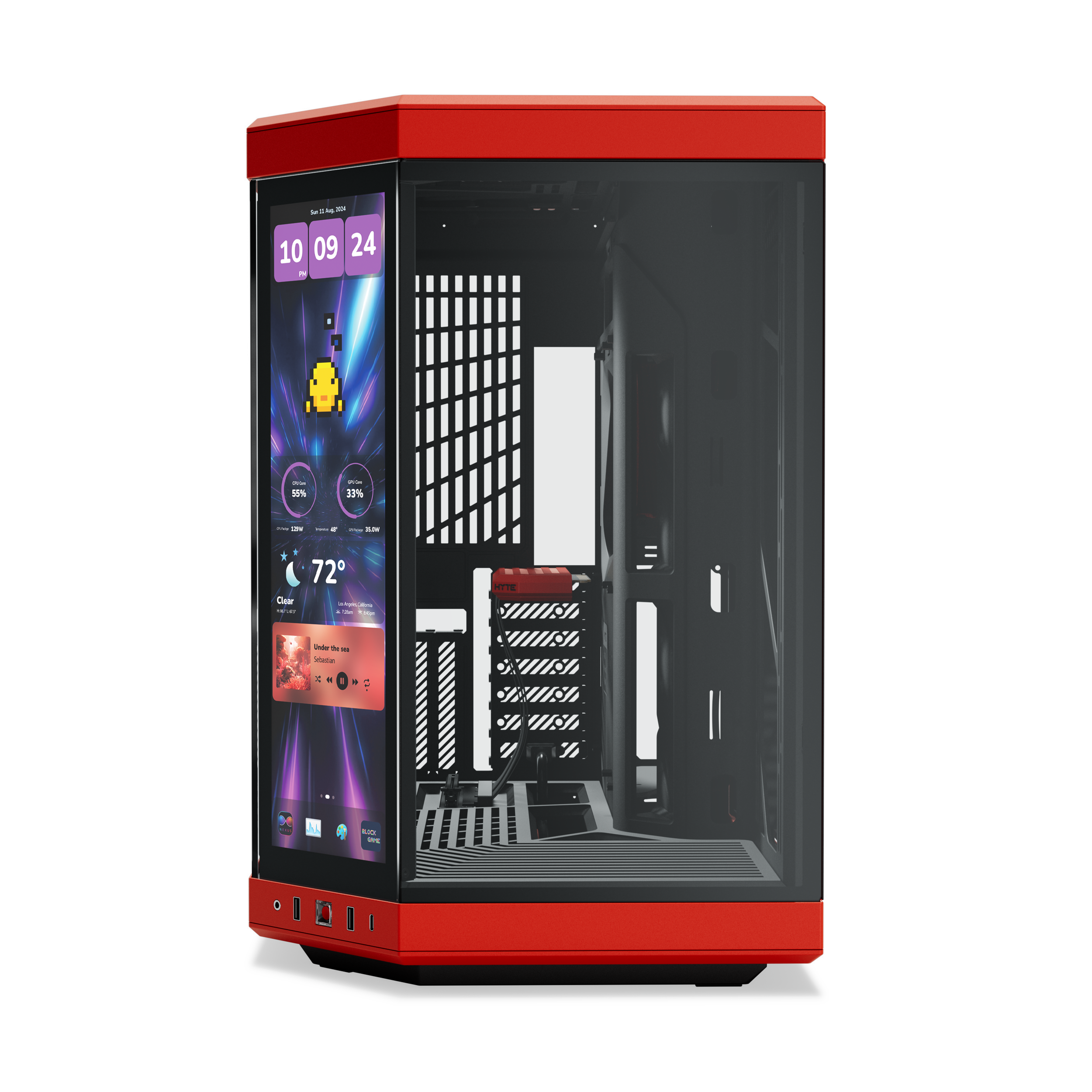 A large main feature product image of EX-DEMO HYTE Y70 Touch Infinite Mid Tower Case w/ LCD (Black Cherry)