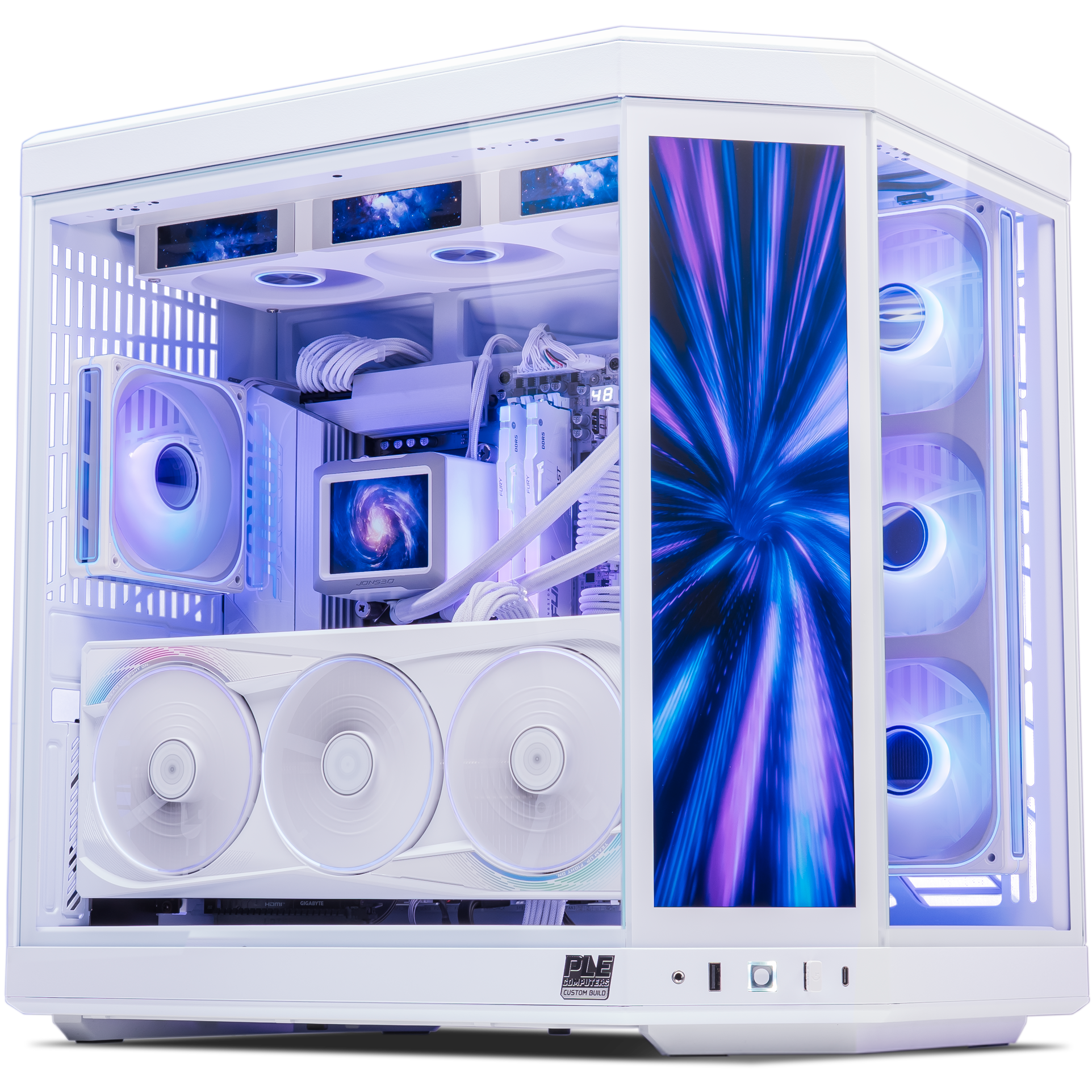 A large main feature product image of PLE Infinite RTX 5090 Prebuilt Ready To Go Gaming PC