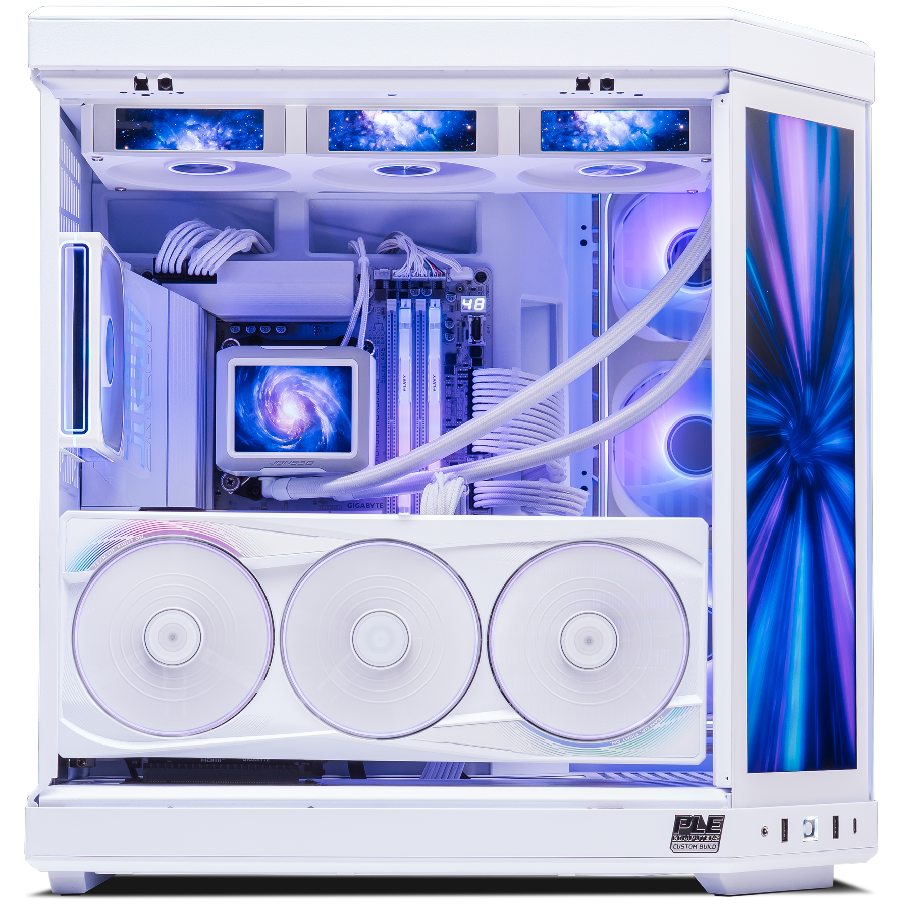 A large main feature product image of PLE Infinite RTX 5090 Prebuilt Ready To Go Gaming PC