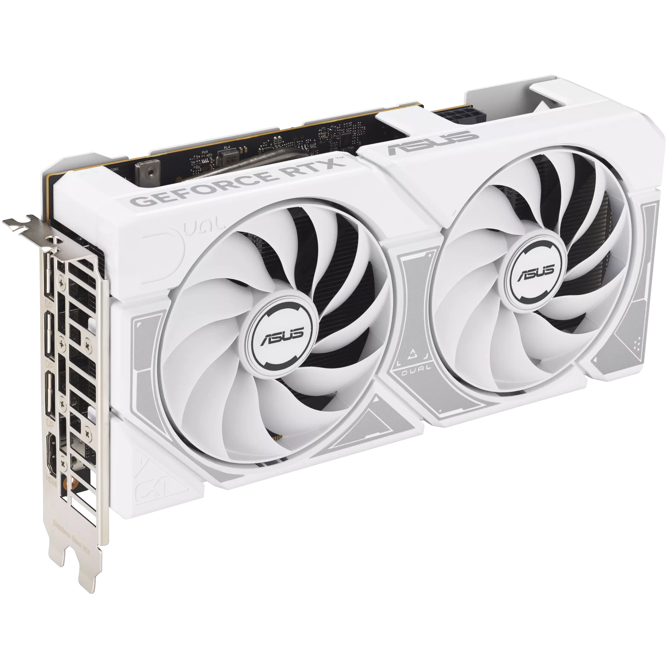 A large main feature product image of ASUS GeForce RTX 5060 Dual OC 8GB GDDR7 - White