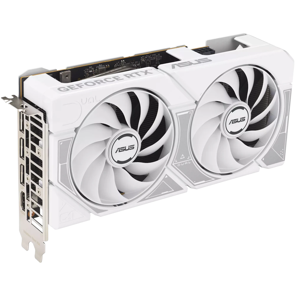 A large main feature product image of ASUS GeForce RTX 5060 Dual OC 8GB GDDR7 (White)
